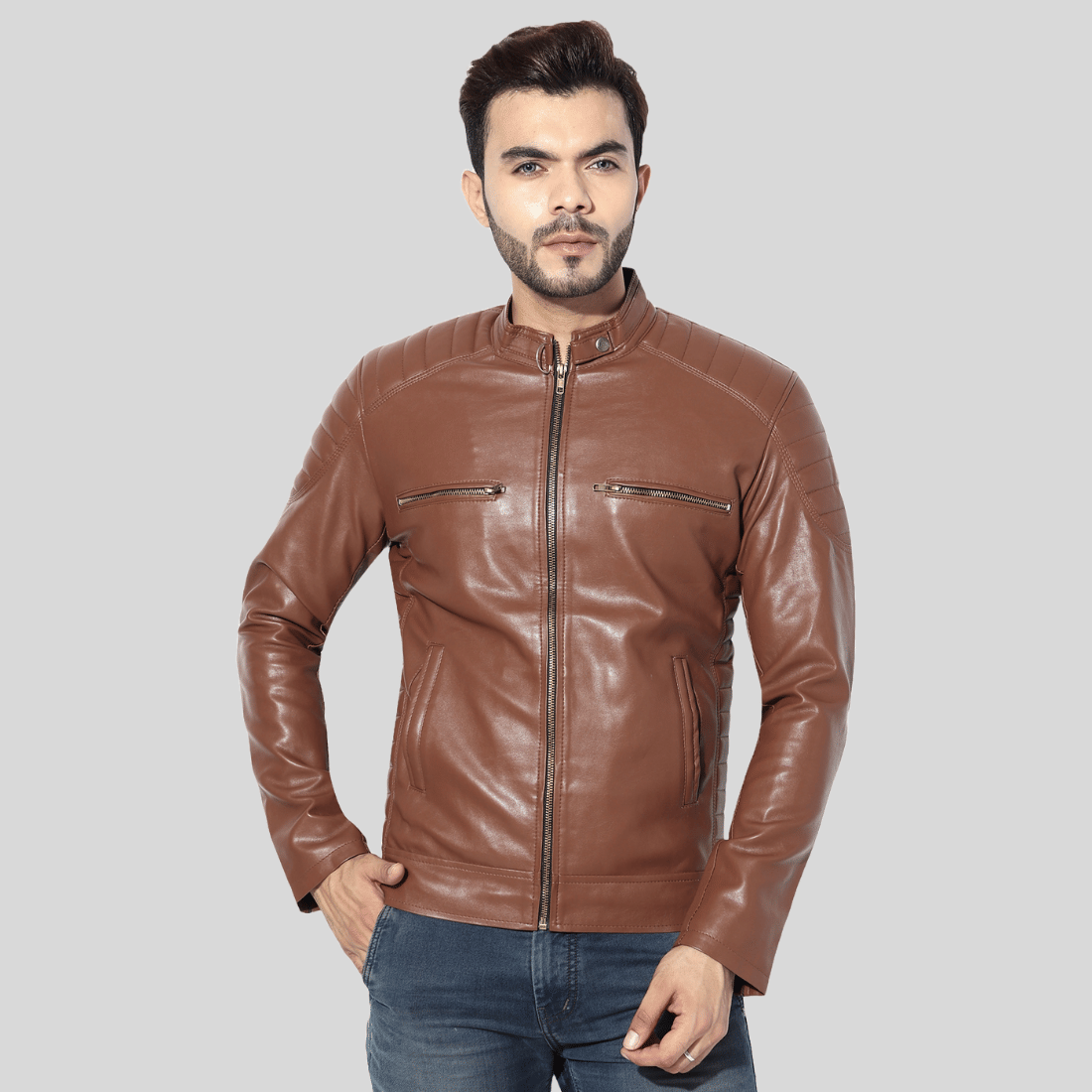     			GARMADIAN - Brown PU Leather Regular Fit Men's Leather Jacket ( Pack of 1 )