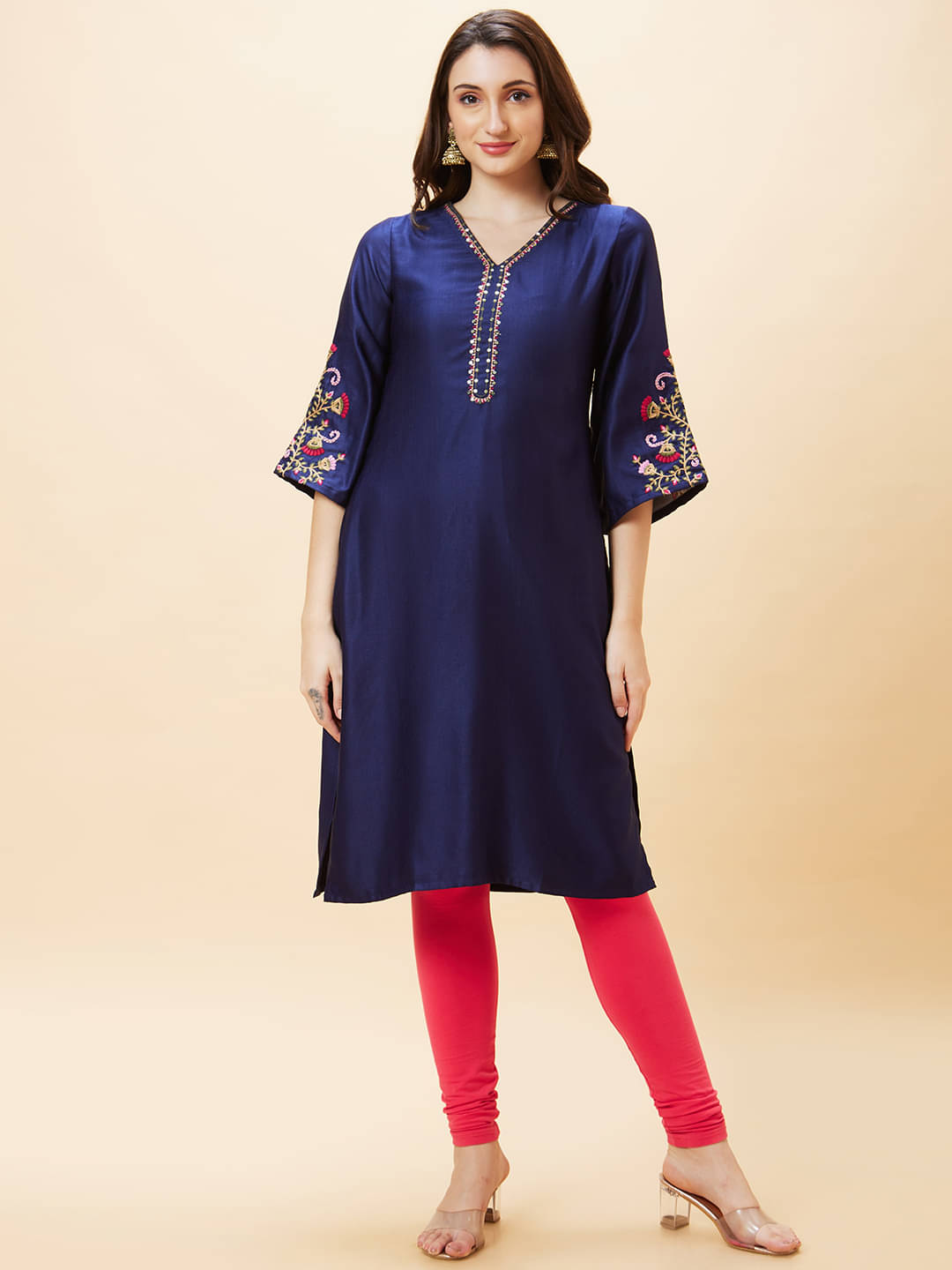 Globus - Blue Polyester Women's Straight Kurti ( Pack of 1 )     			Globus - Blue Polyester Women's Straight Kurti ( Pack of 1 )