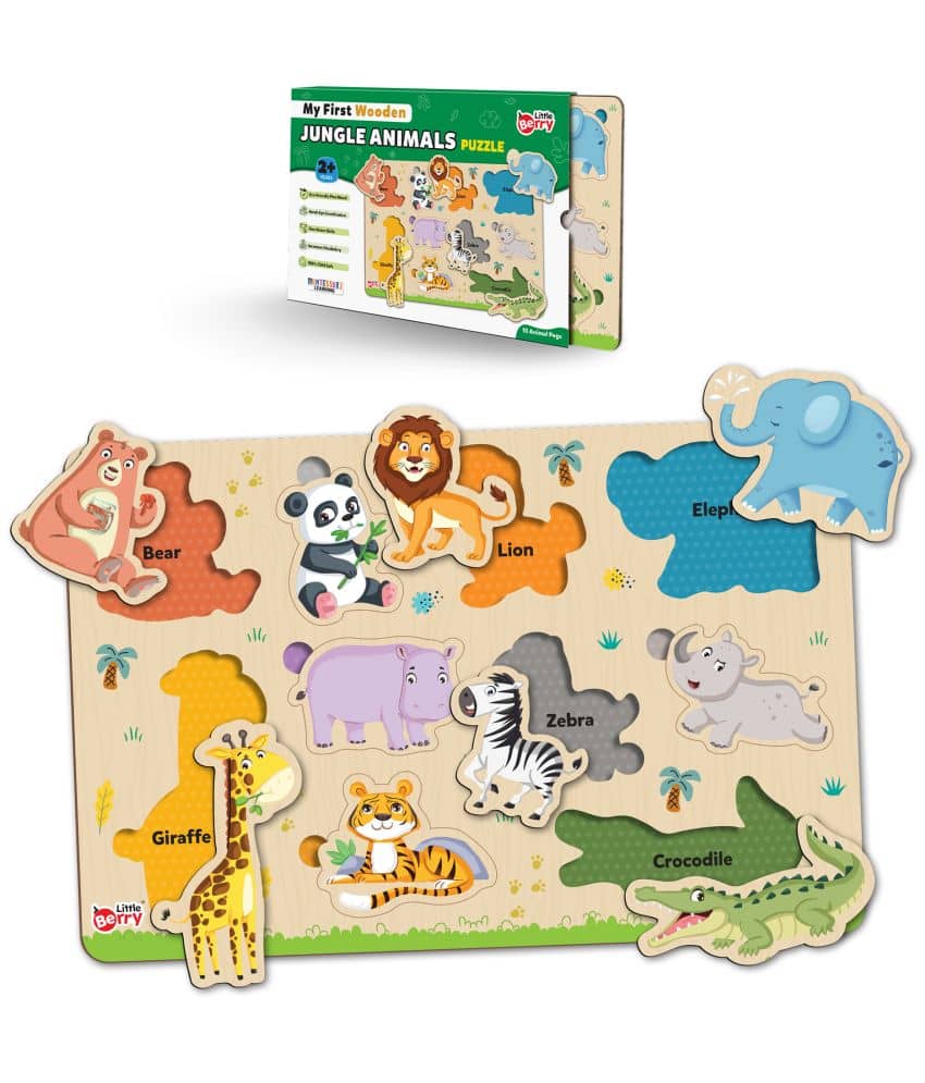 Jungle Animals Wooden Puzzle Board with Pictures for Kids - Knob & Peg Puzzles Games for Boys, Girls, Preschool Children - Learning & Education Wooden Toy Jigsaw Puzzle Set - Fun & Learn Puzzle Tray With Knob For Kids