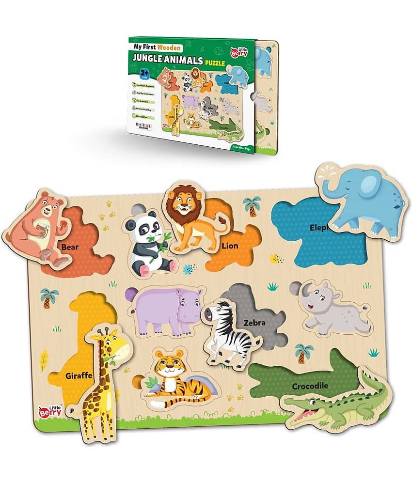 Jungle Animals Wooden Puzzle Board with Pictures for Kids - Knob & Peg Puzzles Games for Boys, Girls, Preschool Children - Learning & Education Wooden Toy Jigsaw Puzzle Set - Fun & Learn Puzzle Tray With Knob For Kids - Toys and Games | Buy online on ZillyBuy