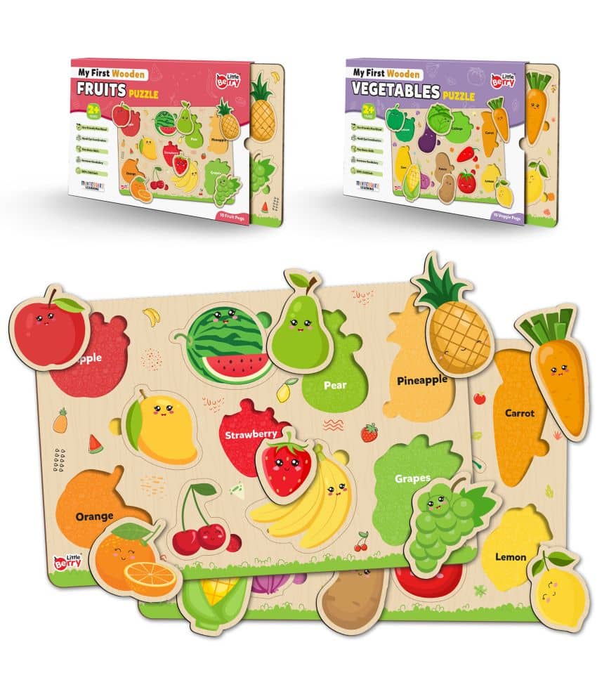 Little Berry Wooden Puzzle Board with Pictures for Kids (Pack of 2): Fruits & Vegetables - Knob & Peg Puzzles Games for Boys, Girls, Preschool Children - Learning & Education Wooden Toy Jigsaw Puzzle Set - Fun & Learn Puzzle Tray With Knob For Kids