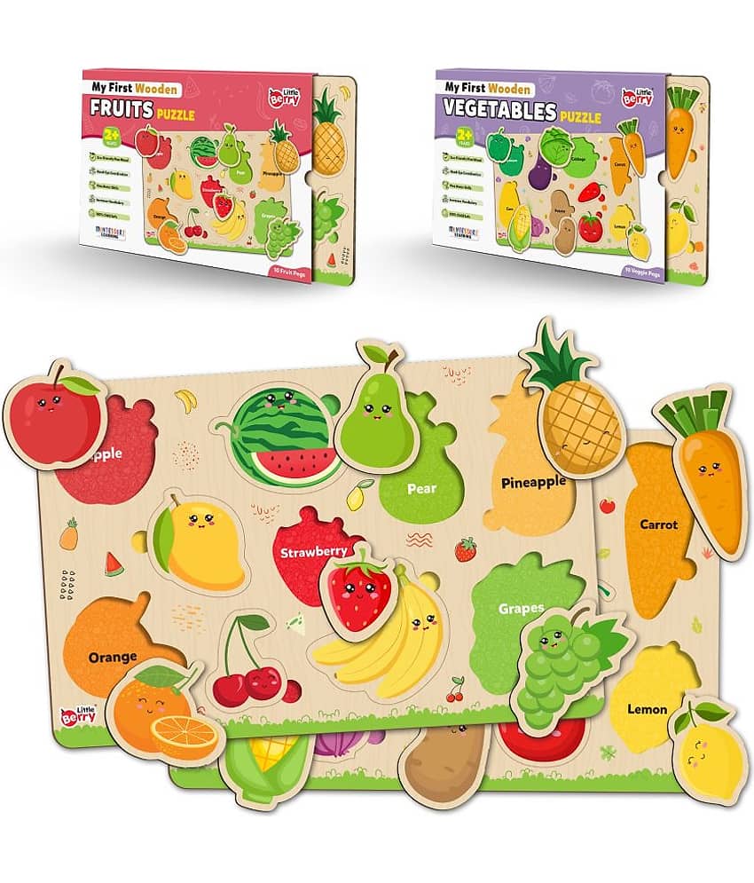 Little Berry Wooden Puzzle Board with Pictures for Kids (Pack of 2): Fruits & Vegetables - Knob & Peg Puzzles Games for Boys, Girls, Preschool Children - Learning & Education Wooden Toy Jigsaw Puzzle Set - Fun & Learn Puzzle Tray With Knob For Kids - Toys and Games | Buy online on ZillyBuy