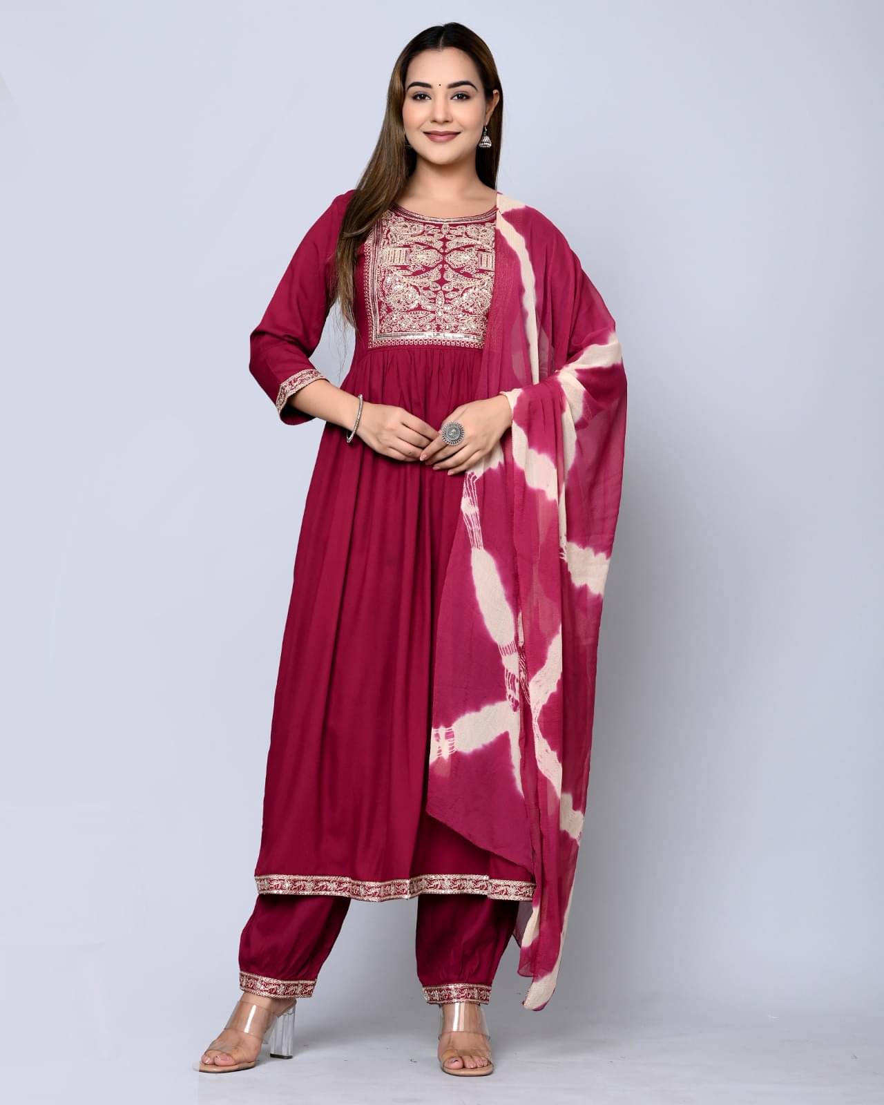     			MAUKA - Maroon Anarkali Rayon Women's Stitched Salwar Suit ( Pack of 1 )
