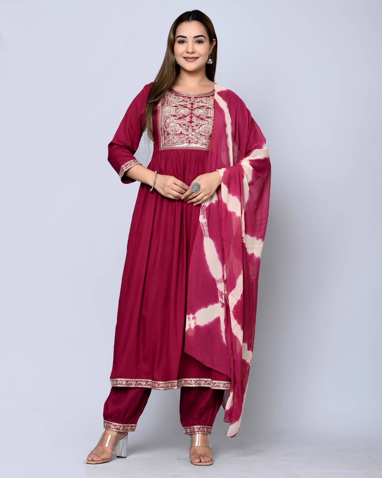MAUKA - Maroon Nayra Rayon Women's Stitched Salwar Suit ( Pack of 1 )