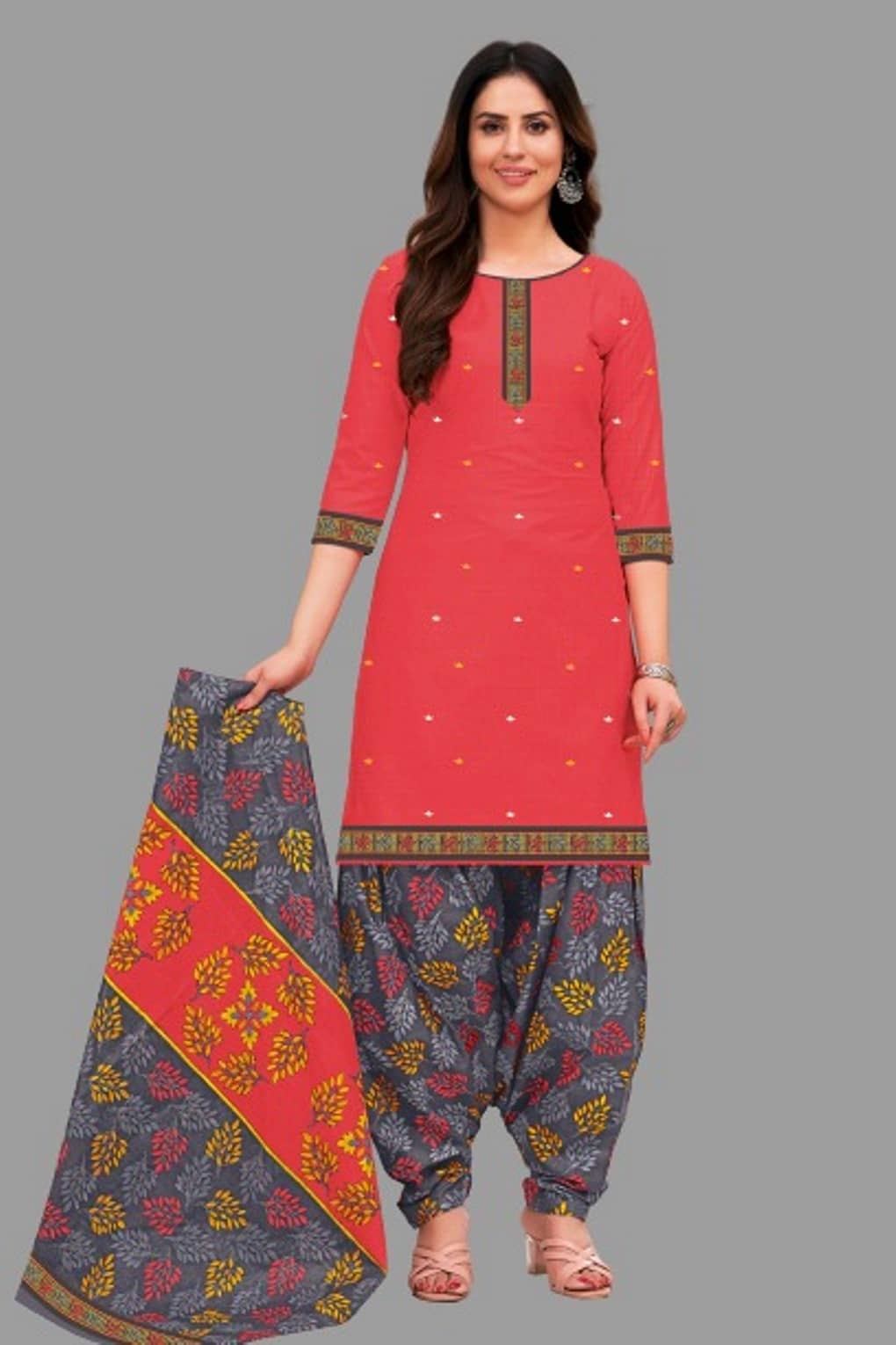 SIMMU Women Cotton Printed Straight Kurti With Patiala Salwar ( Red )