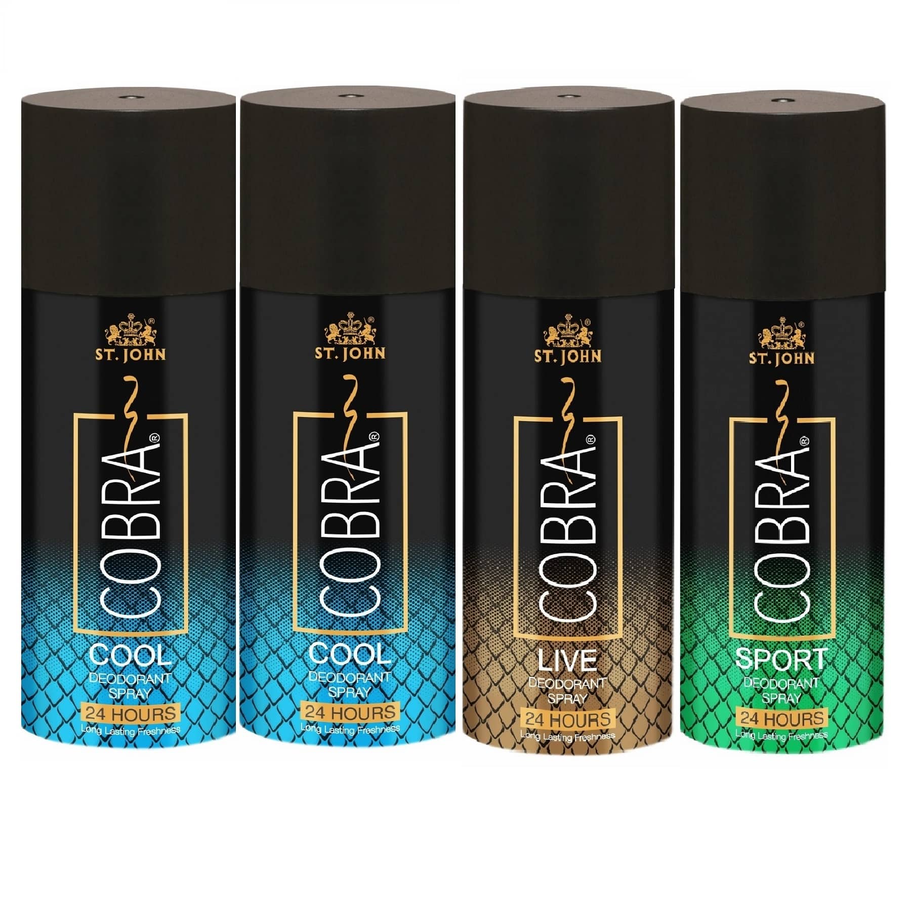 ST.JOHN Cobra Cool 150ml*2,Live,Sport 150ml Each Deodorant Spray for Men (600ml) Pack of 4