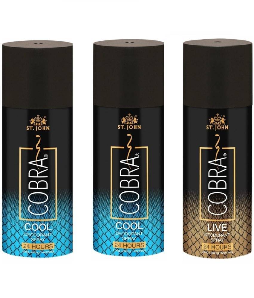 ST.JOHN Cobra Cool 150ml*2 & Live 150ml Long Lasting Deodorant Spray for Men (450ml) - Pack of 3 ST.JOHN Cobra Cool 150ml*2 & Live 150ml Long Lasting Deodorant Spray for Men (450ml) - Pack of 3