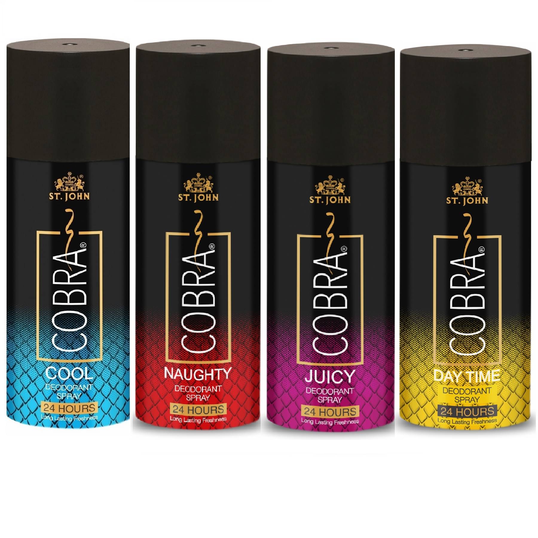 ST.JOHN Cobra Cool,Naughty, DayTime & Juicy Deodorant Spray for Men 150ml Each (600ml) - Pack of 4 ST.JOHN Cobra Cool,Naughty, DayTime & Juicy Deodorant Spray for Men 150ml Each (600ml) - Pack of 4