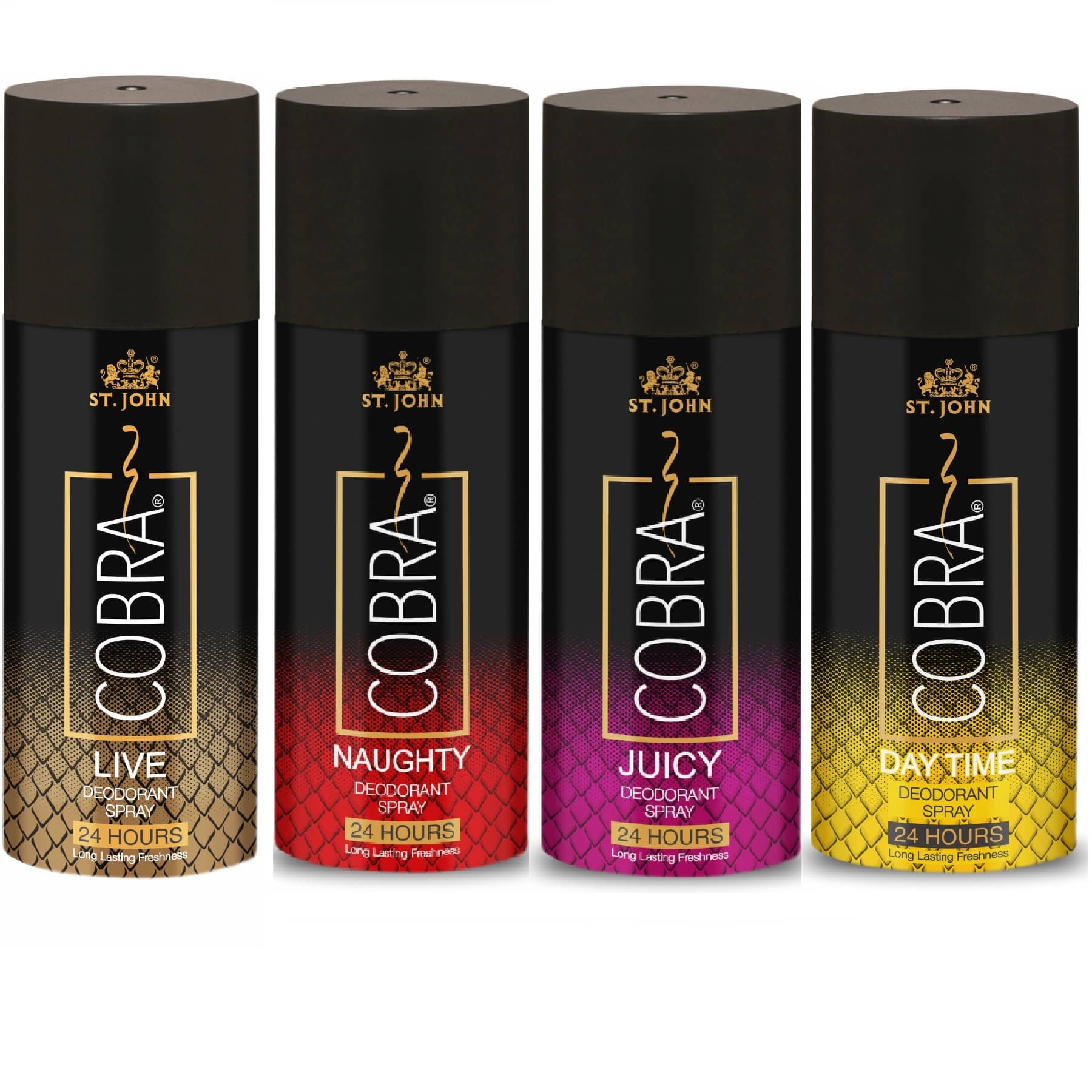 ST.JOHN Cobra Live,Jucy,Naughty & DayTime Deodorant Spray for Men 150ml Each (600ml) - Pack of 4