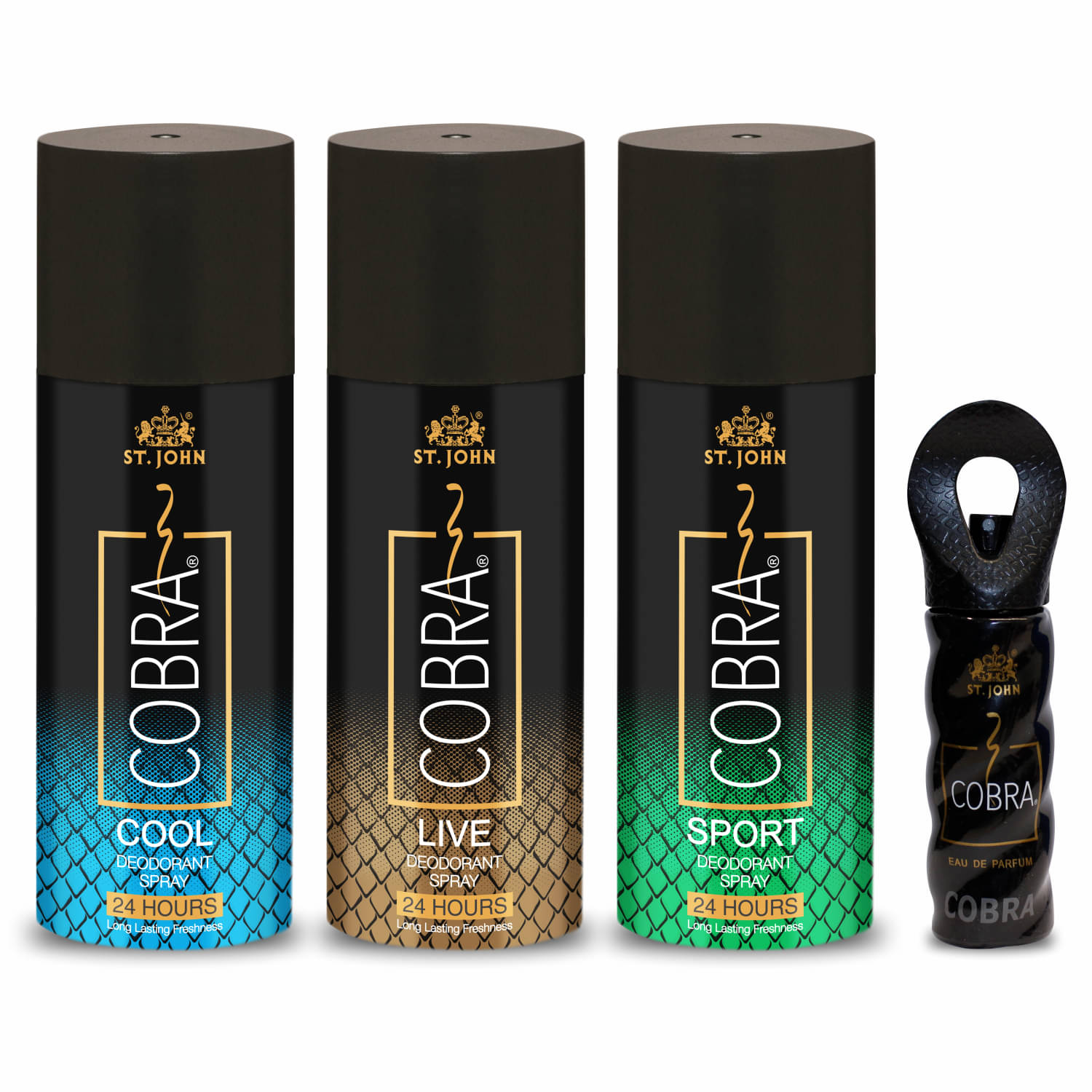     			Vi-John Live,Cool,Sports 150ml Each & Cobra 15ml Deodorant Spray & Perfume for Men,Women 480 ml ( Pack of 4 )