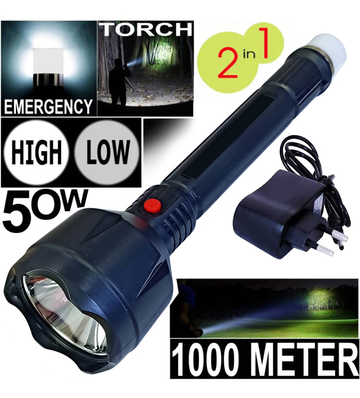     			let light - 50W Rechargeable 2 in 1  Flashlight Torch ( Pack of 1 )