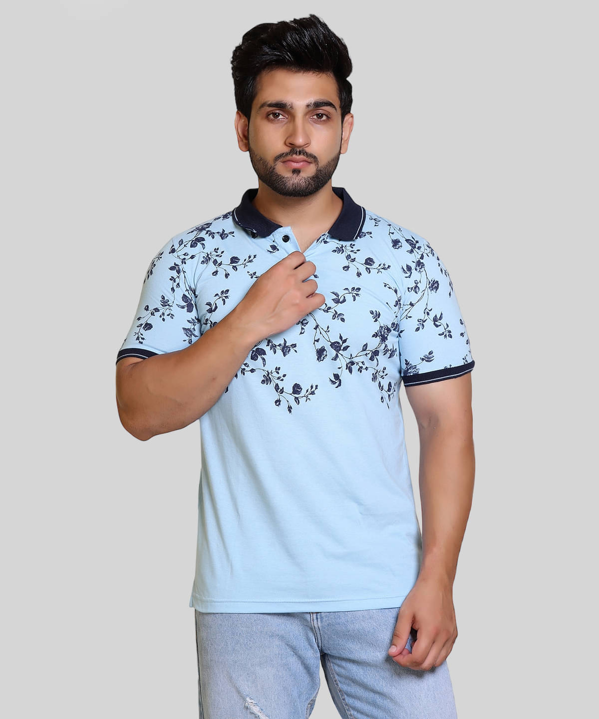 FLYIND VOGUE OUTFIT Pack of 1 Cotton Regular Fit Printed Half Sleeves Men's Polo T Shirt ( Sky Blue ) FLYIND VOGUE OUTFIT Pack of 1 Cotton Regular Fit Printed Half Sleeves Men's Polo T Shirt ( Sky Blue )