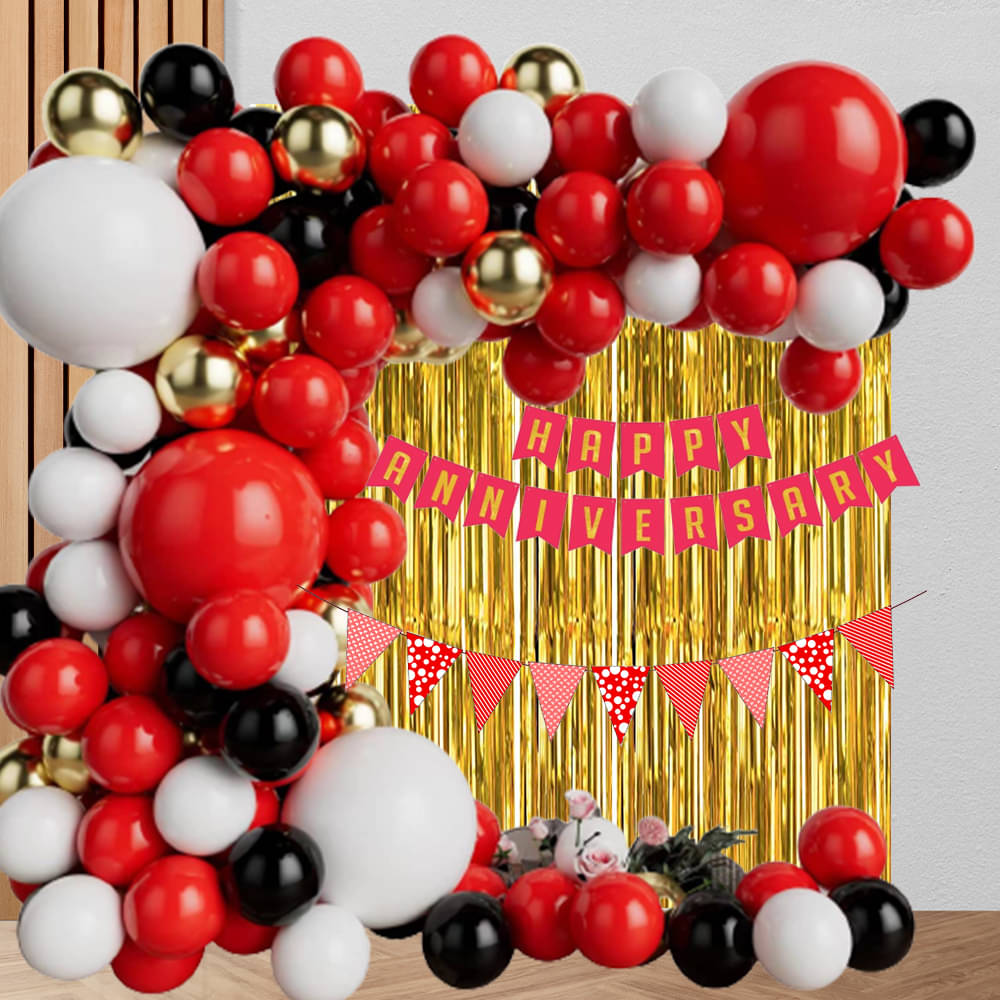     			Happy Anniversary Banner ( Red ) + 1 Pc Bunting Flag ( Red ) + 2 Pc Fringe ( Golden) + 30 Pc Balloon ( Black White, Red, Gold ) + 1 Pc Ribbon