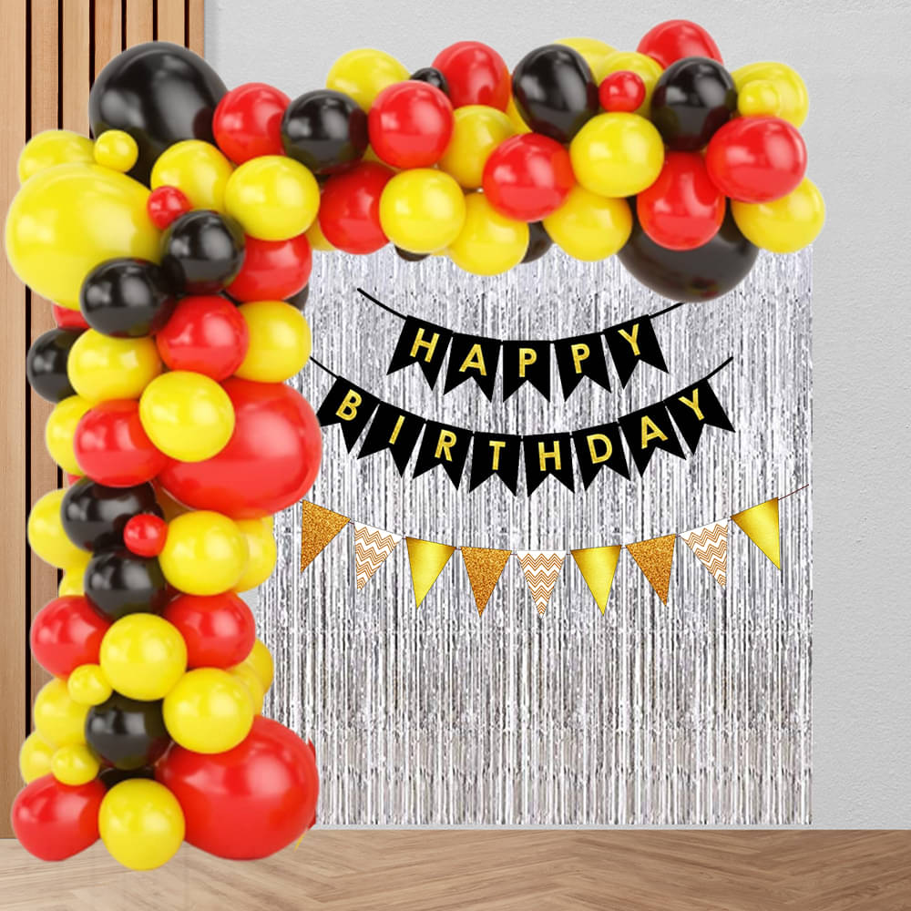     			Happy Birthday Banner ( Black ) + 30 Pc Balloon ( Red, Black, Yellow ) + 1 Pc Bunting Flag ( Golden ) + 2 Pc Fringe ( Silver ) + 1 Pc Ribbon