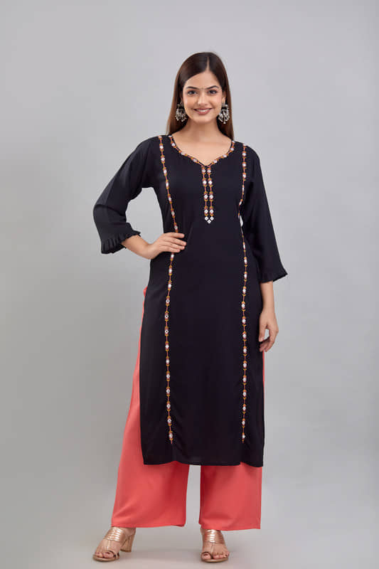 Kapadia - Black Rayon Women's Straight Kurti ( Pack of 1 ) - Kurtis, Tunics | Buy online on ZillyBuy