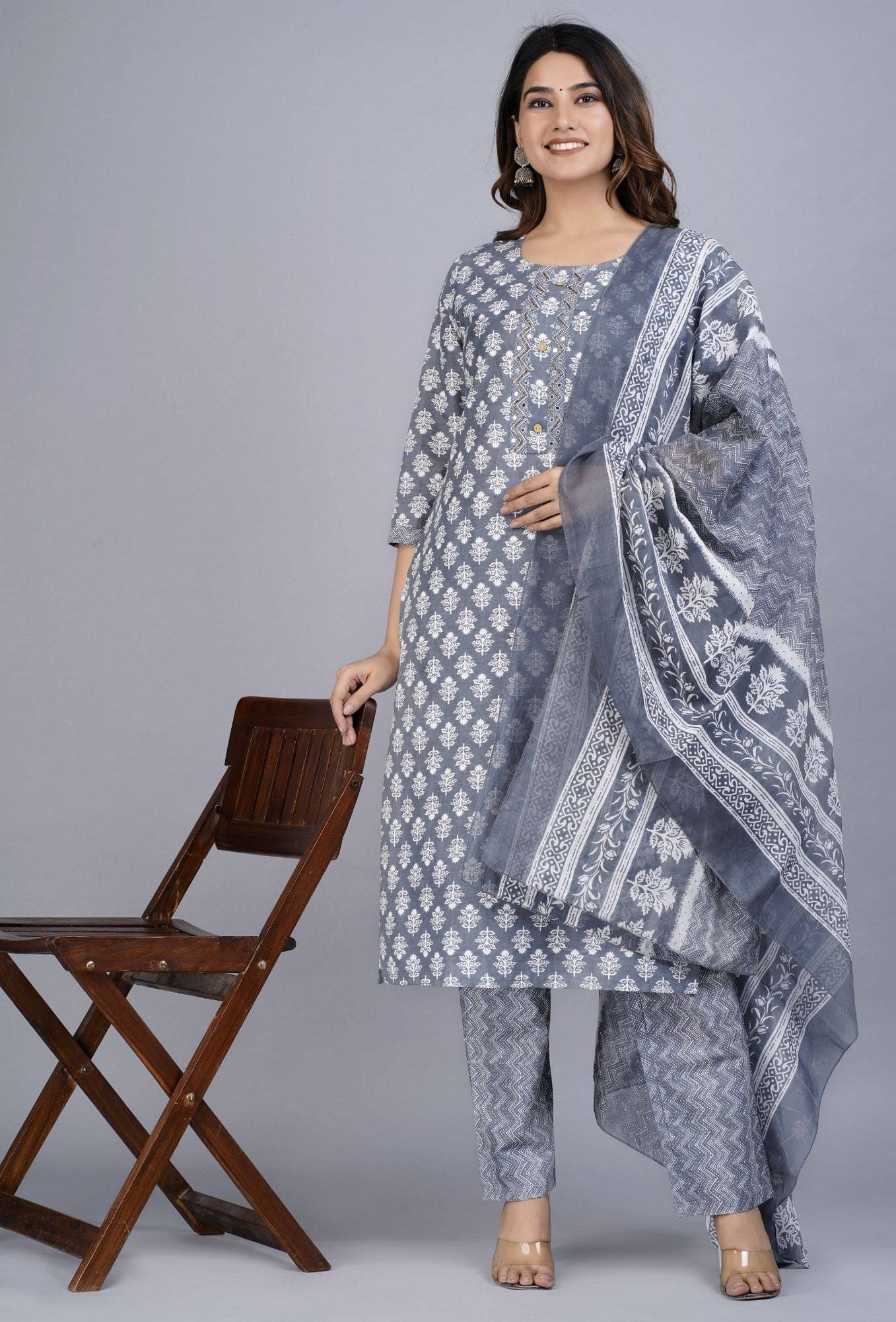     			Mishree Collection - Grey Straight Cotton Women's Stitched Salwar Suit ( Pack of 1 )