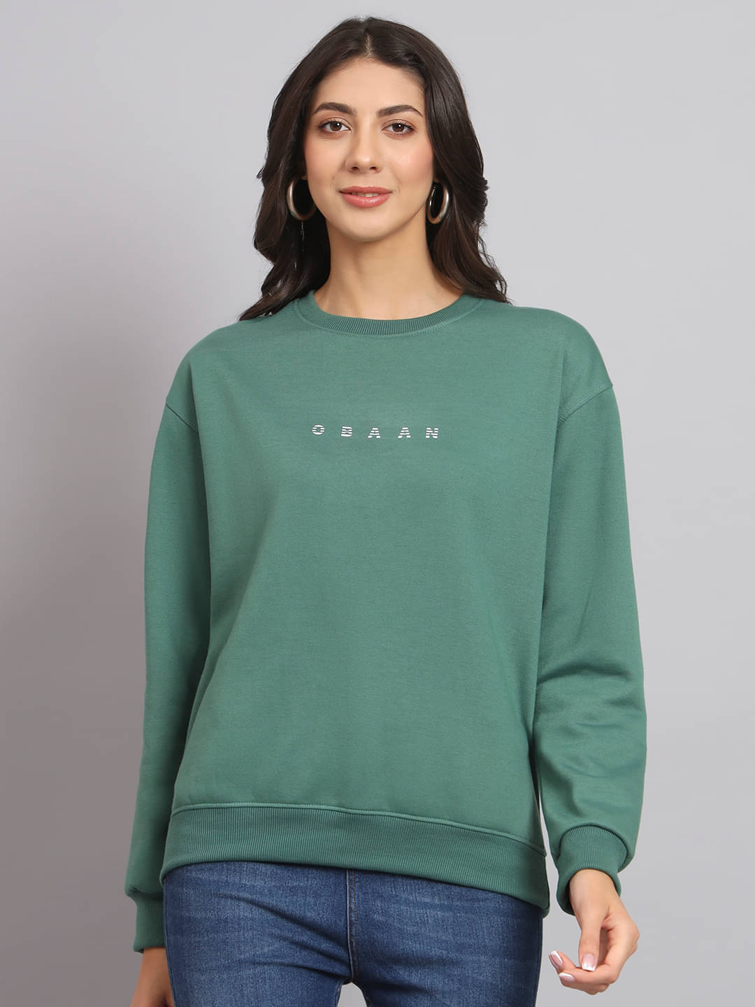    			OBAAN Women Cotton Blend Round Neck Sweatshirt For ( Green )
