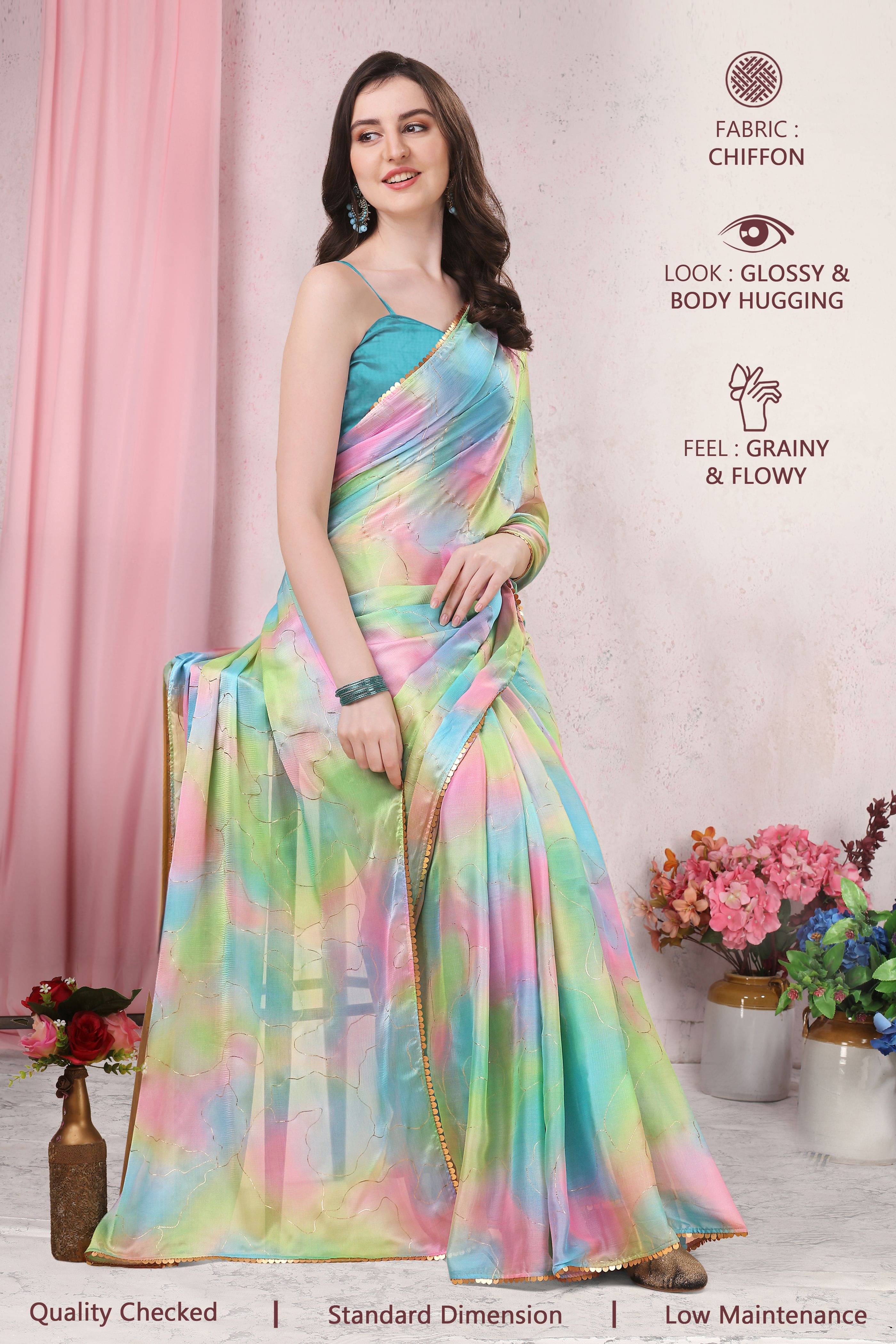    			BLEESBURY Chiffon Dyed Saree With Unstitched Blouse Piece ( Multicolour )