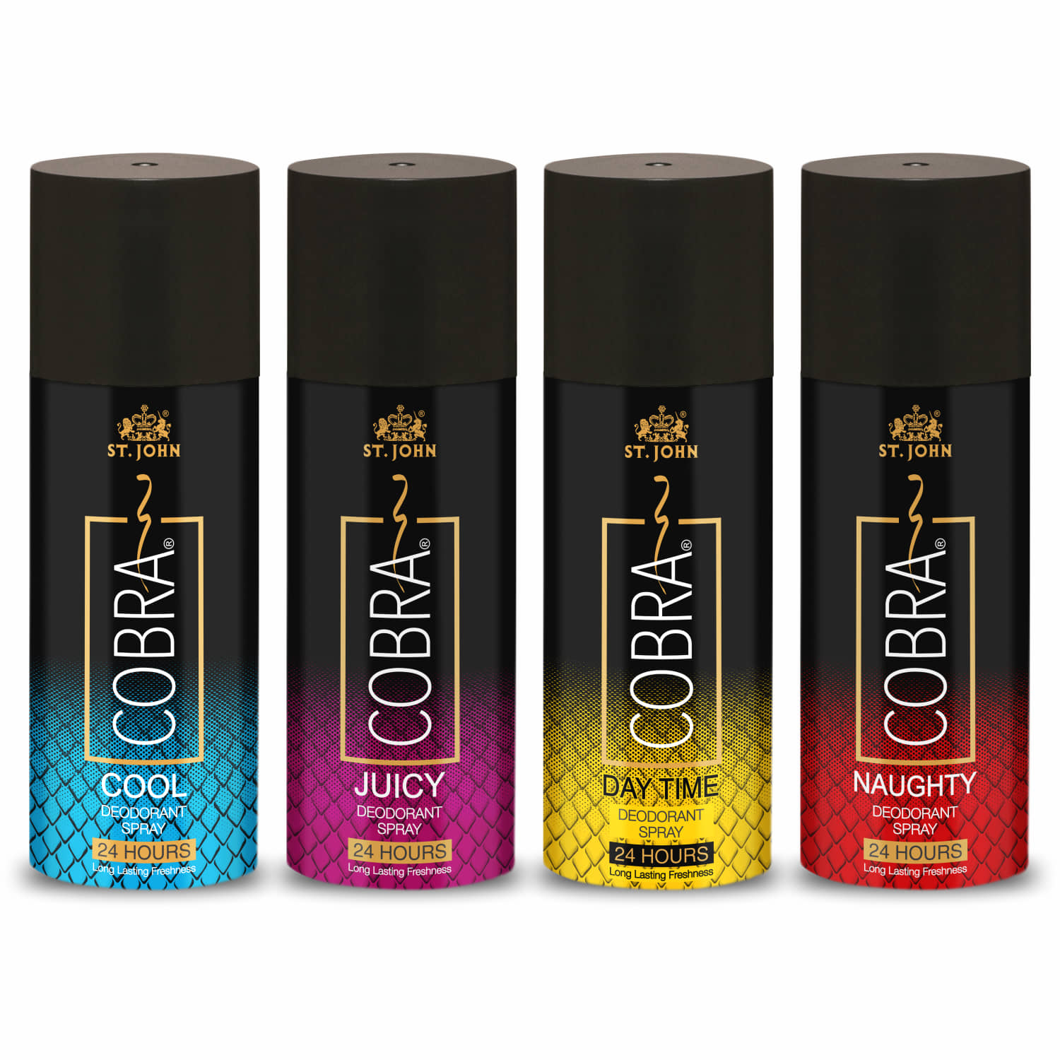 ST.JOHN Cobra Cool,Naughty,DayTime & Juicy Deodorant Spray for Men 150ml Each (600ml) - Pack of 4