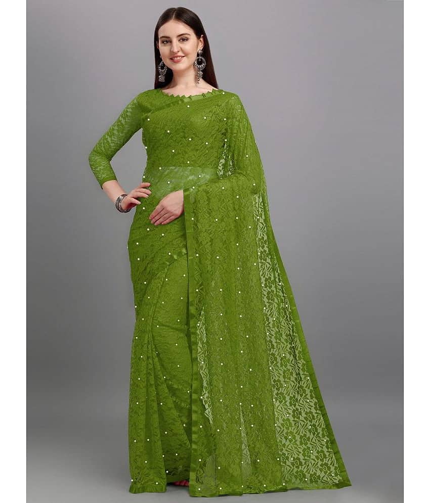 VANRAJ CREATION Net Self Design Saree With Unstitched Blouse Piece ( Olive ) - Sarees | Buy online on ZillyBuy
