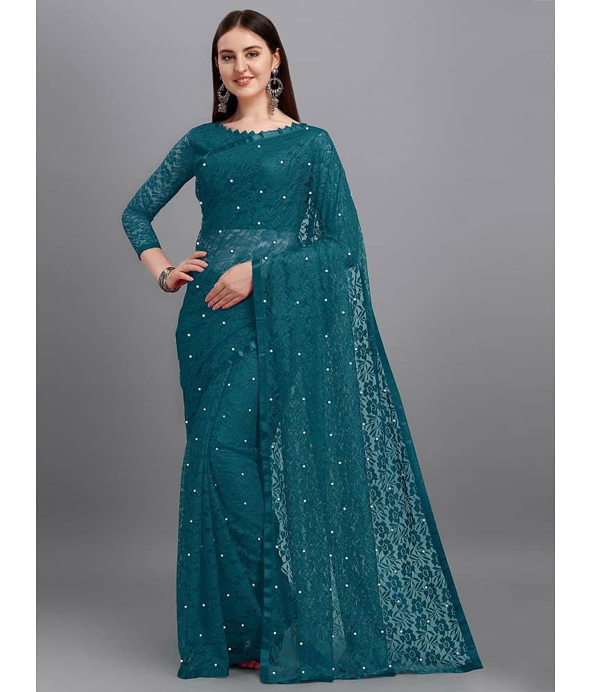 VANRAJ CREATION Net Self Design Saree With Unstitched Blouse Piece ( Teal ) - Sarees | Buy online on ZillyBuy