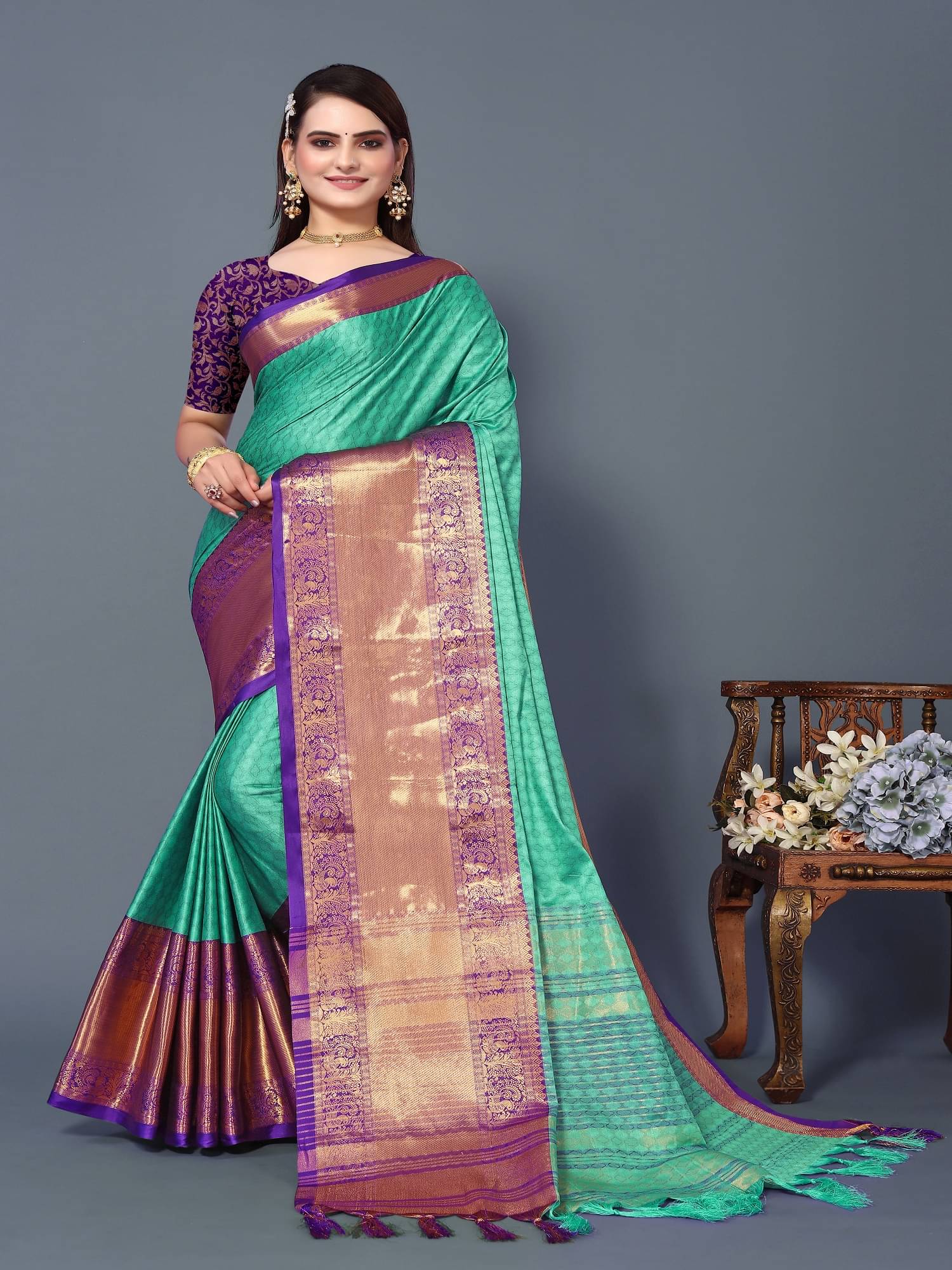 Aika Silk Self Design Saree With Unstitched Blouse Piece ( Rama ) Aika Silk Self Design Saree With Unstitched Blouse Piece ( Rama )