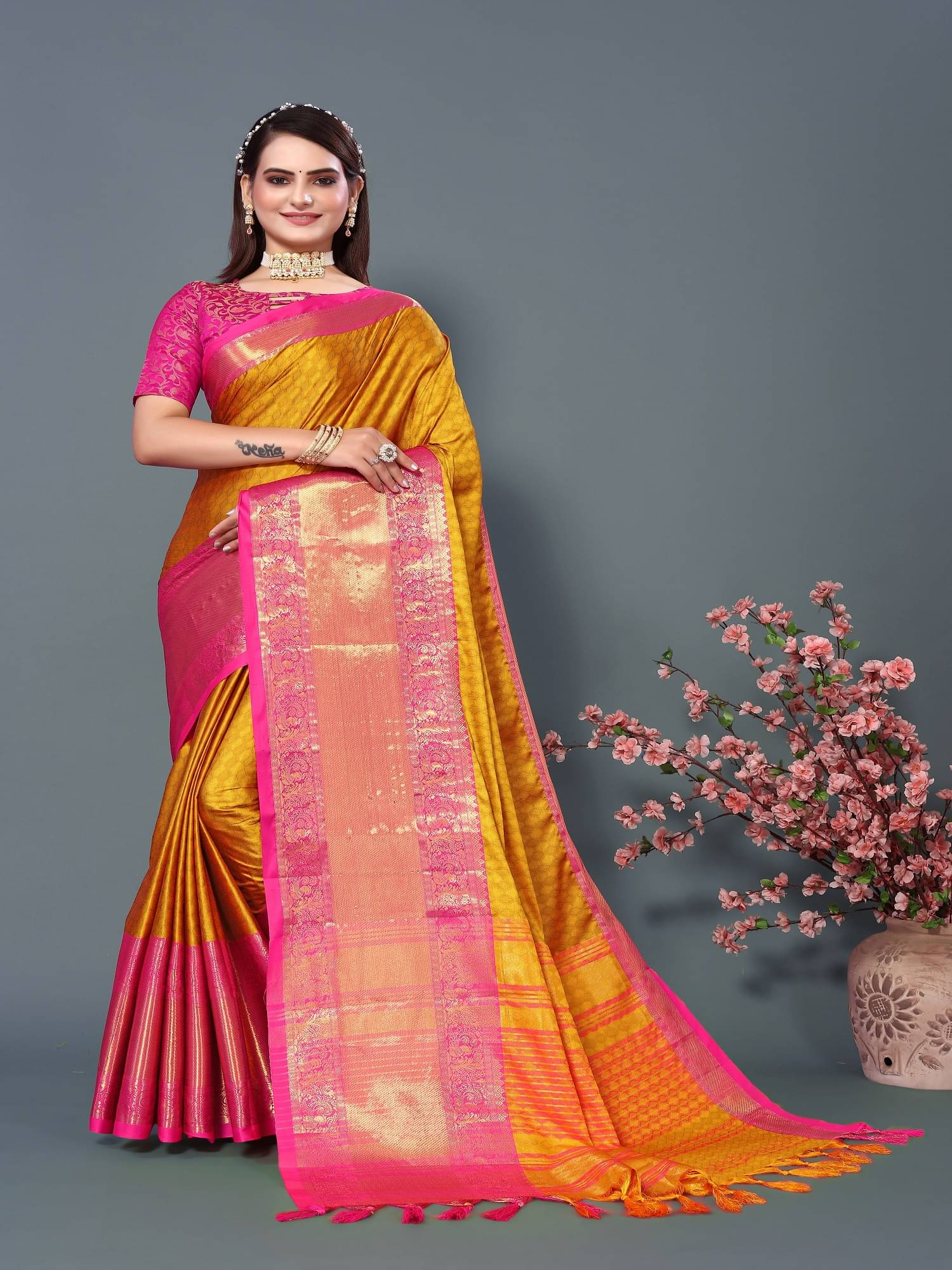 Aika Silk Self Design Saree With Unstitched Blouse Piece ( Mustard ) Aika Silk Self Design Saree With Unstitched Blouse Piece ( Mustard )