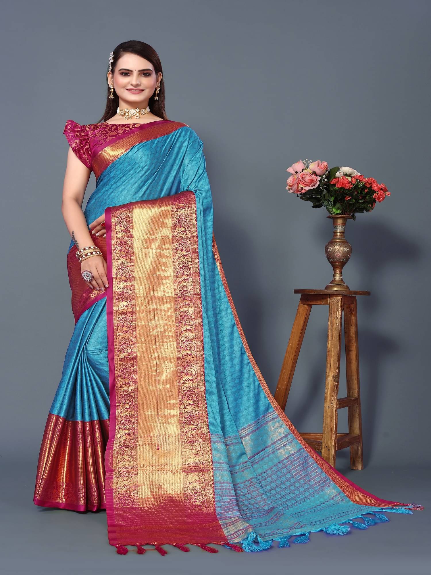Aika Silk Self Design Saree With Unstitched Blouse Piece ( Blue ) Aika Silk Self Design Saree With Unstitched Blouse Piece ( Blue )