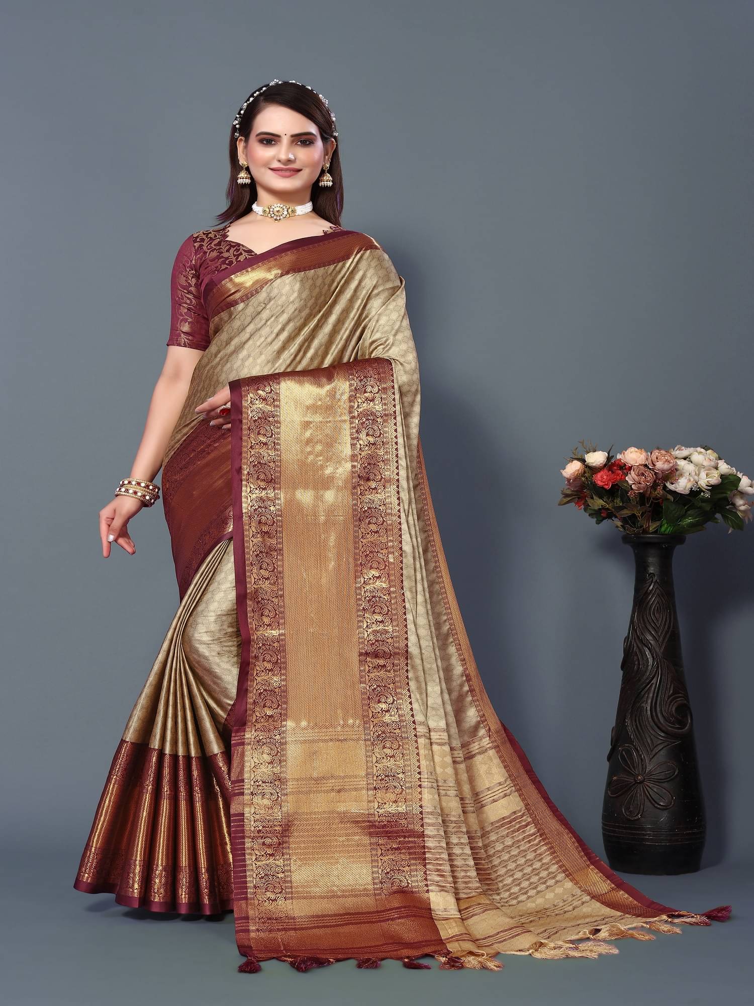 JULEE Silk Printed Saree With Unstitched Blouse Piece ( Cream ) JULEE Silk Printed Saree With Unstitched Blouse Piece ( Cream )