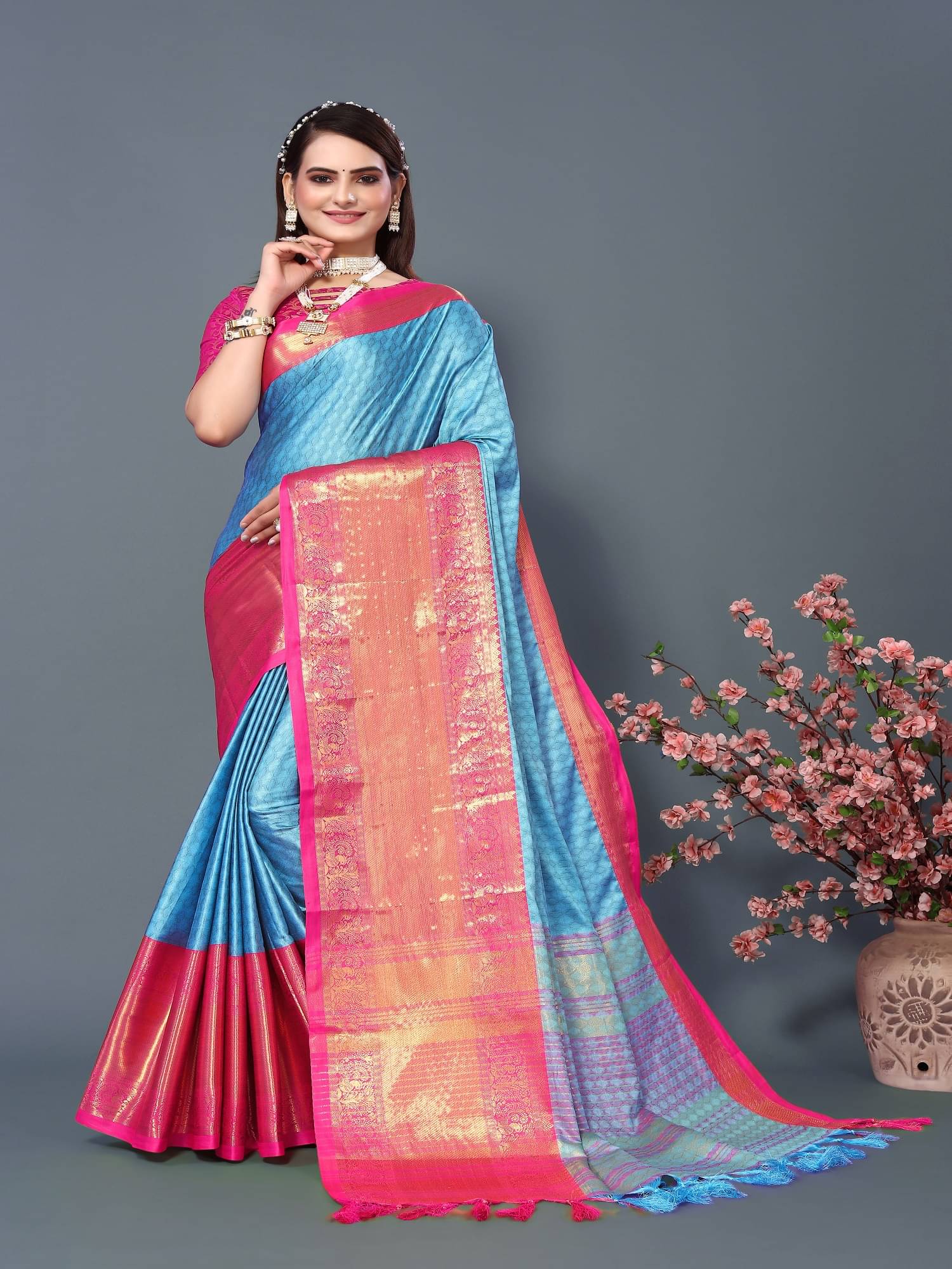 JULEE Silk Printed Saree With Unstitched Blouse Piece ( SkyBlue ) JULEE Silk Printed Saree With Unstitched Blouse Piece ( SkyBlue )