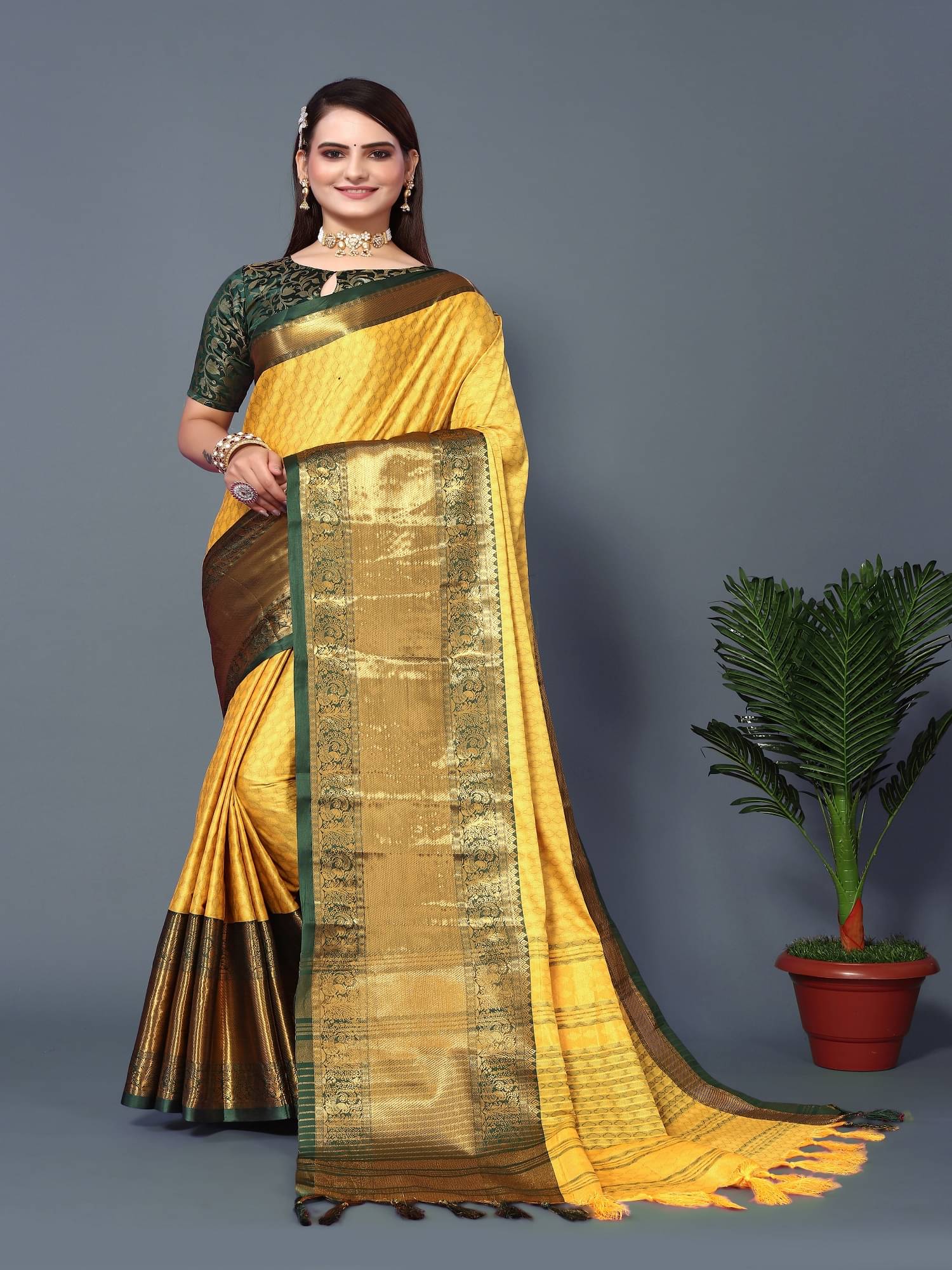     			JULEE Silk Printed Saree With Unstitched Blouse Piece ( Yellow )
