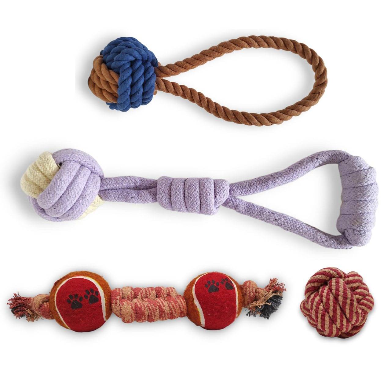     			MY SUPER PAWS double rubber balls toy , 2 monkey fist knot with handle & chew fetch ball l Non-toxic natural cotton rope toys for dogs l Pack of 4
