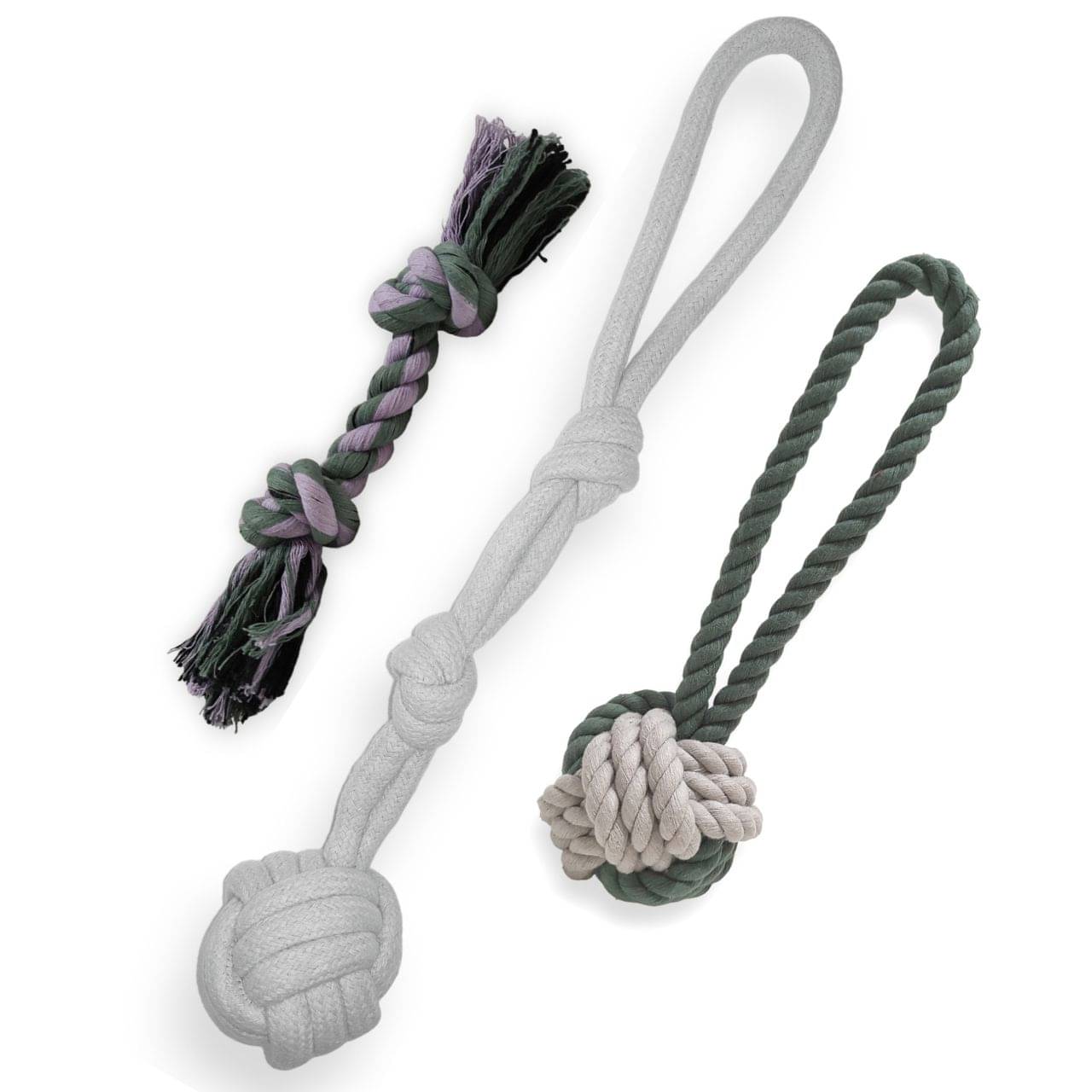     			MY SUPER PAWS rope knot ball toy, rope ball with pulling loop & two knots chew rope l Natural cotton rope toys for dogs l Pack of 3