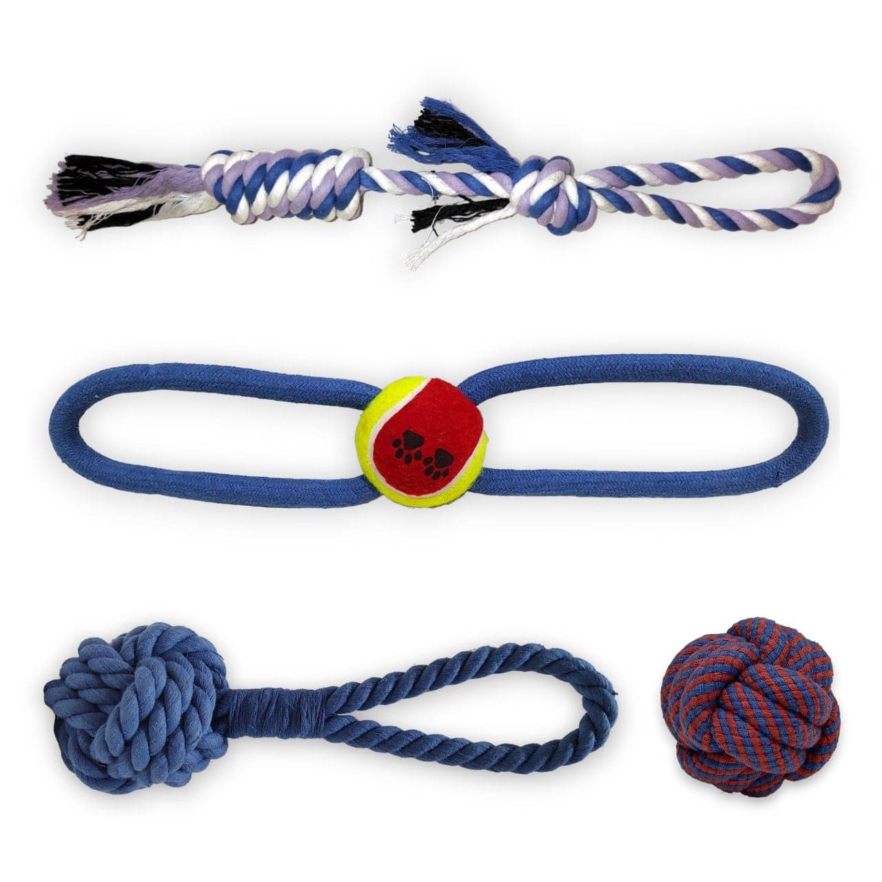     			MY SUPER PAWS rubber ball with rope loops, tug and fetch rope, monkey fist knot rope & chew fetch ball l Natural cotton rope toys for dogs l Pack of 4