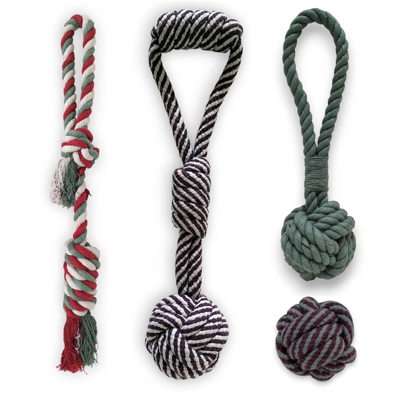    			MY SUPER PAWS tug and fetch rope, 2 monkey fist knot with handle & chew fetch ball l Non-toxic natural cotton rope toys for dogs l Pack of 4
