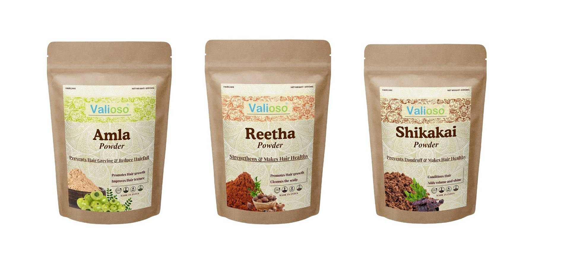     			Valioso Amla, Reetha, Shikakai Powders For Hair Care, 300g (Pack Of 3)