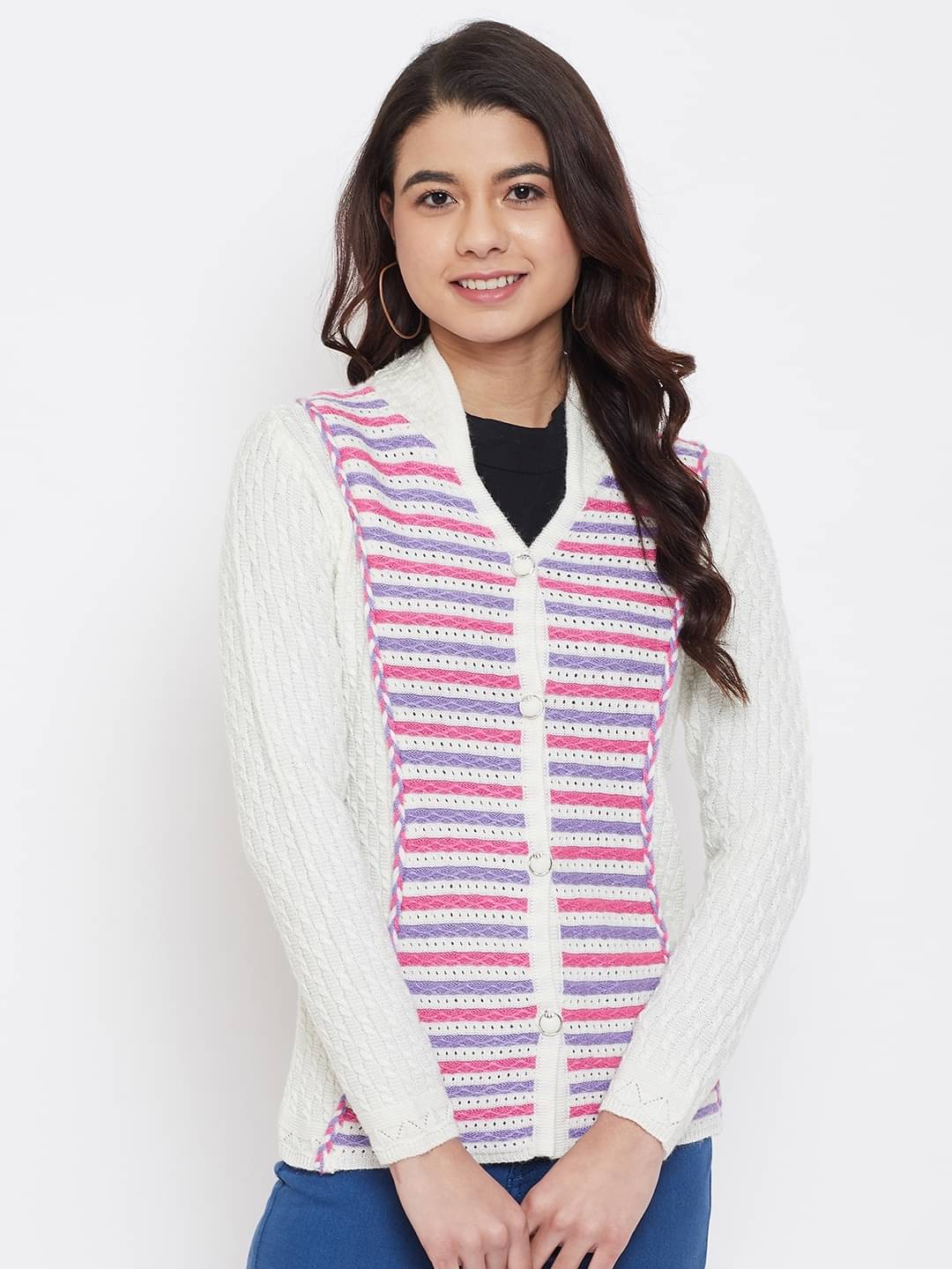 zigo Acro Wool V Neck Women's Buttoned Cardigans - White ( Single ) zigo Acro Wool V Neck Women's Buttoned Cardigans - White ( Single )