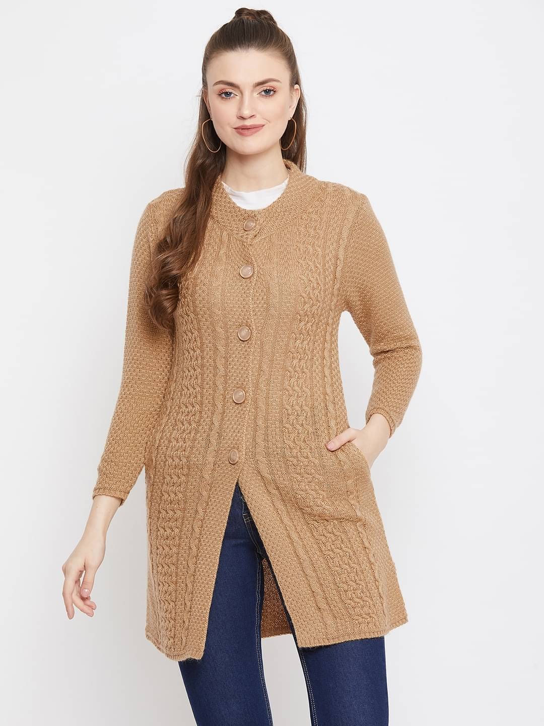     			zigo Woollen Round Neck Women's Buttoned Cardigans - Beige ( Single )