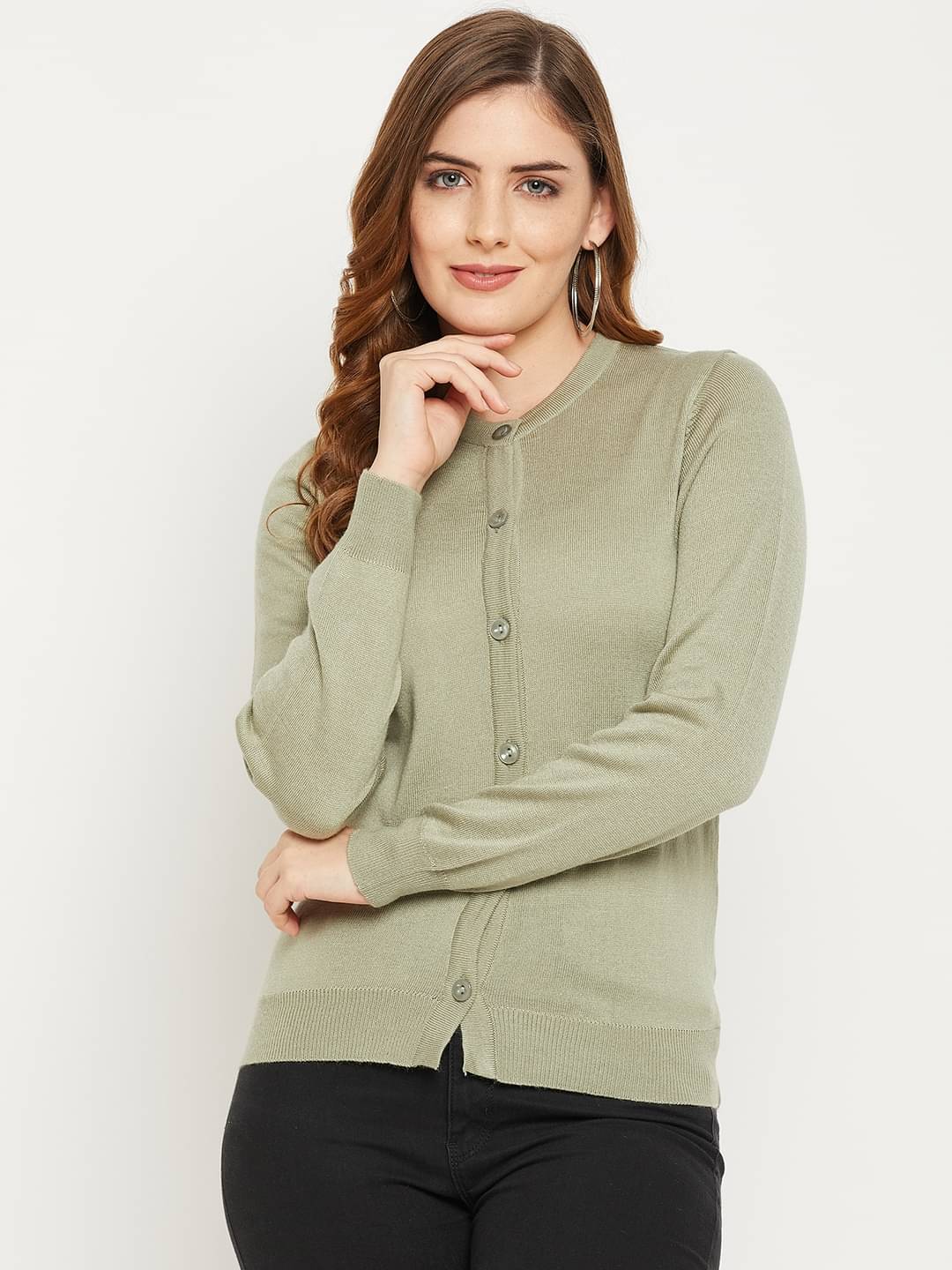     			zigo Woollen Round Neck Women's Buttoned Cardigans - Green (Pack of 1)