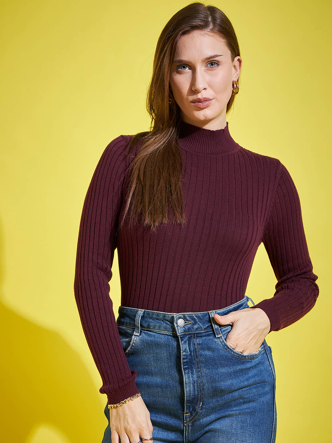 98 Degree North Women Cotton High Neck Pullover ( Maroon )