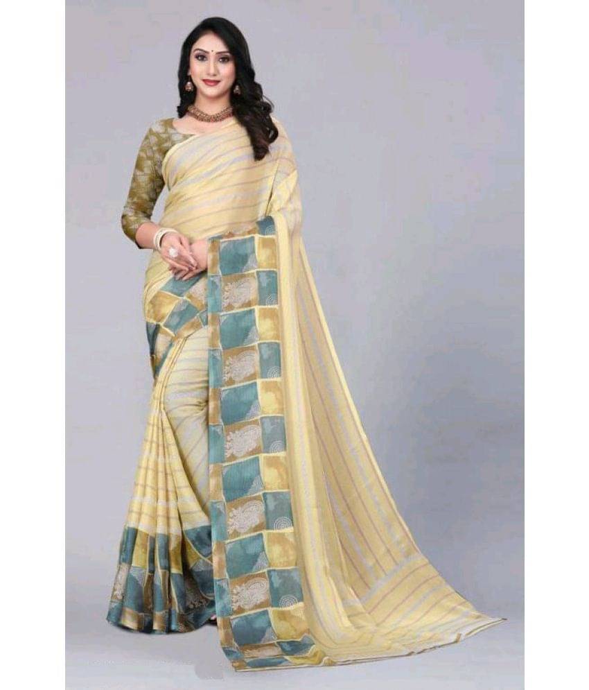     			Bhuwal Fashion Chiffon Striped Saree With Unstitched Blouse Piece ( Beige )