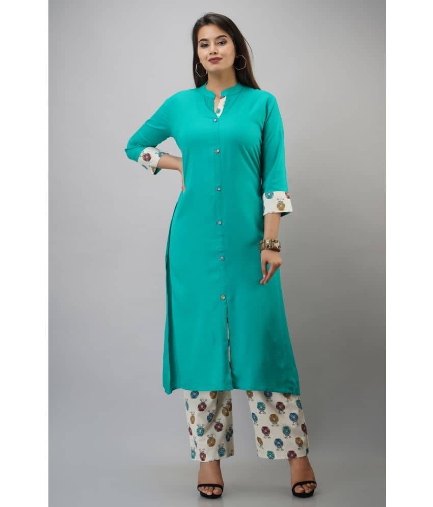 MAUKA Rayon Solid Kurti With Palazzo Women's Stitched Salwar Suit - Turquoise ( Pack of 1 )
