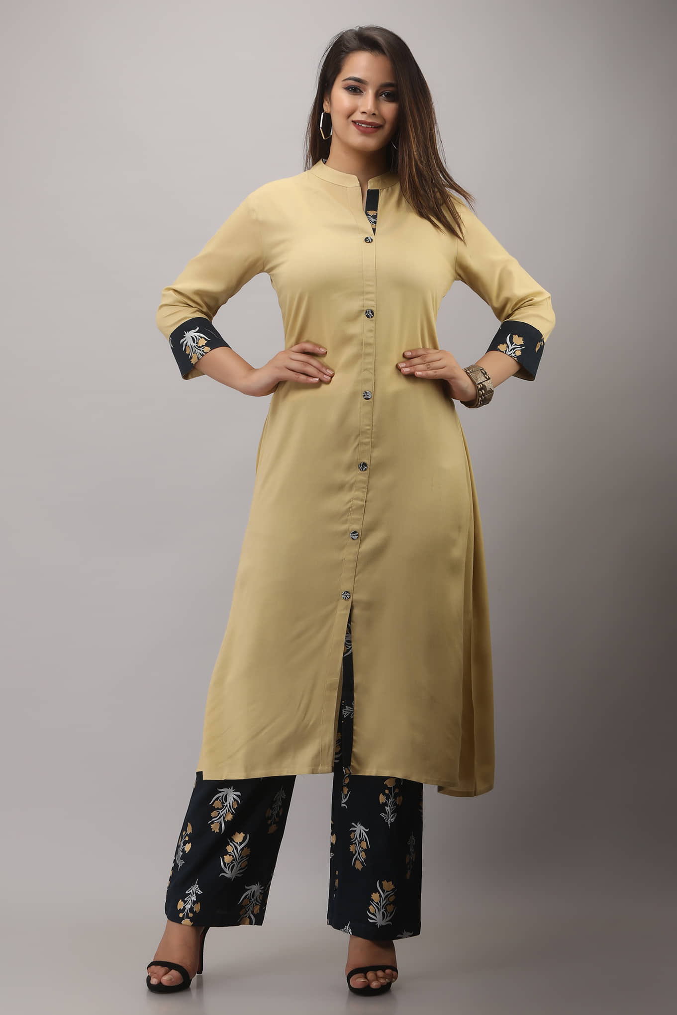 MAUKA Rayon Solid Kurti With Palazzo Women's Stitched Salwar Suit - Beige ( Pack of 1 )