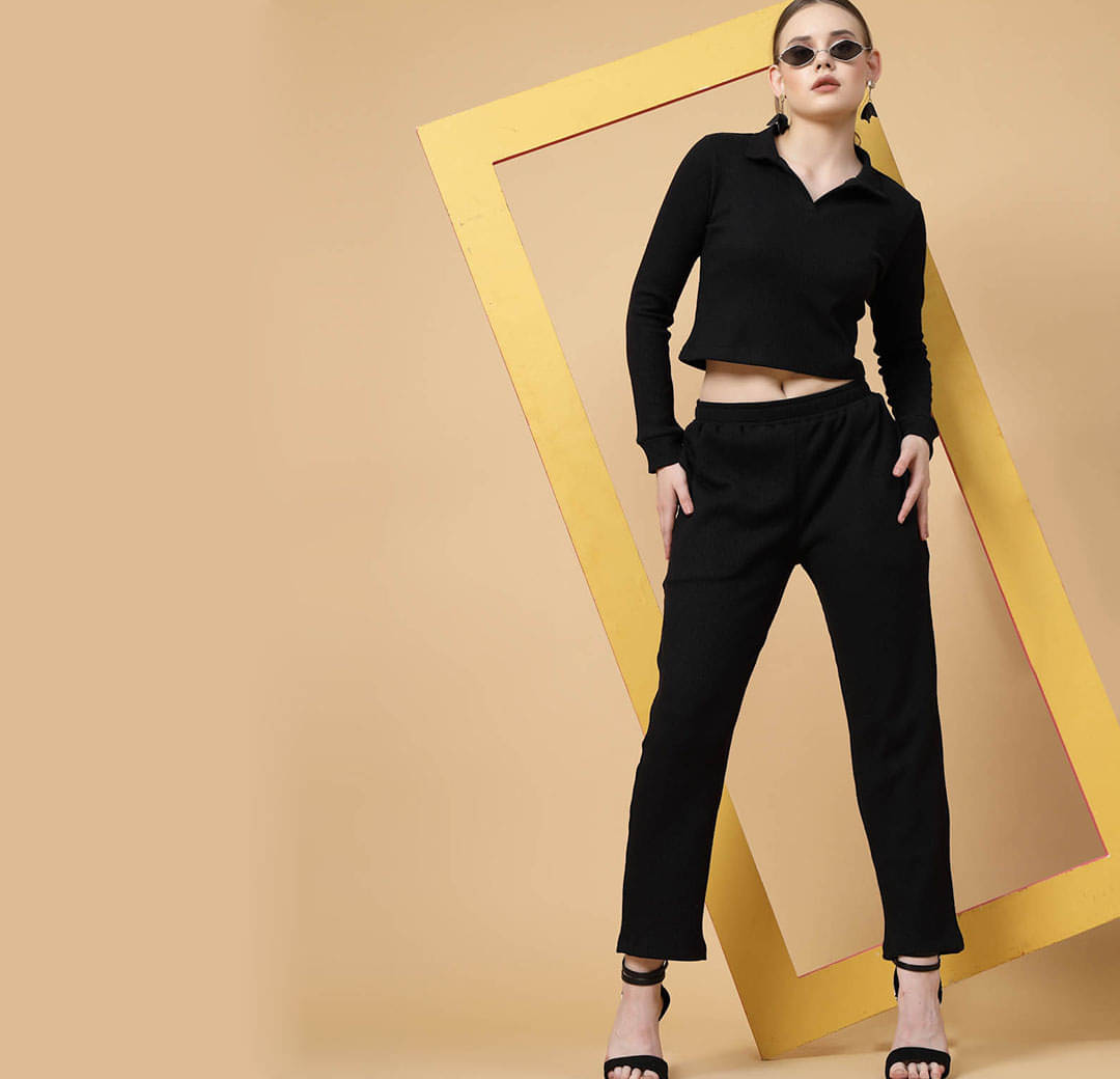     			Rigo Women Solid Top With Joggers Co-Ord Set ( Black )
