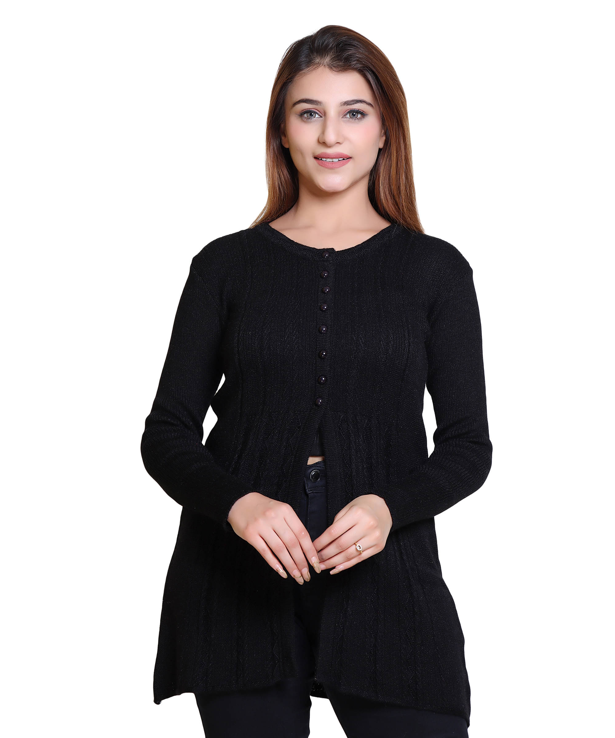 Varenyam Woollen Round Neck Women's Buttoned Cardigans - Black ( Single ) Varenyam Woollen Round Neck Women's Buttoned Cardigans - Black ( Single )