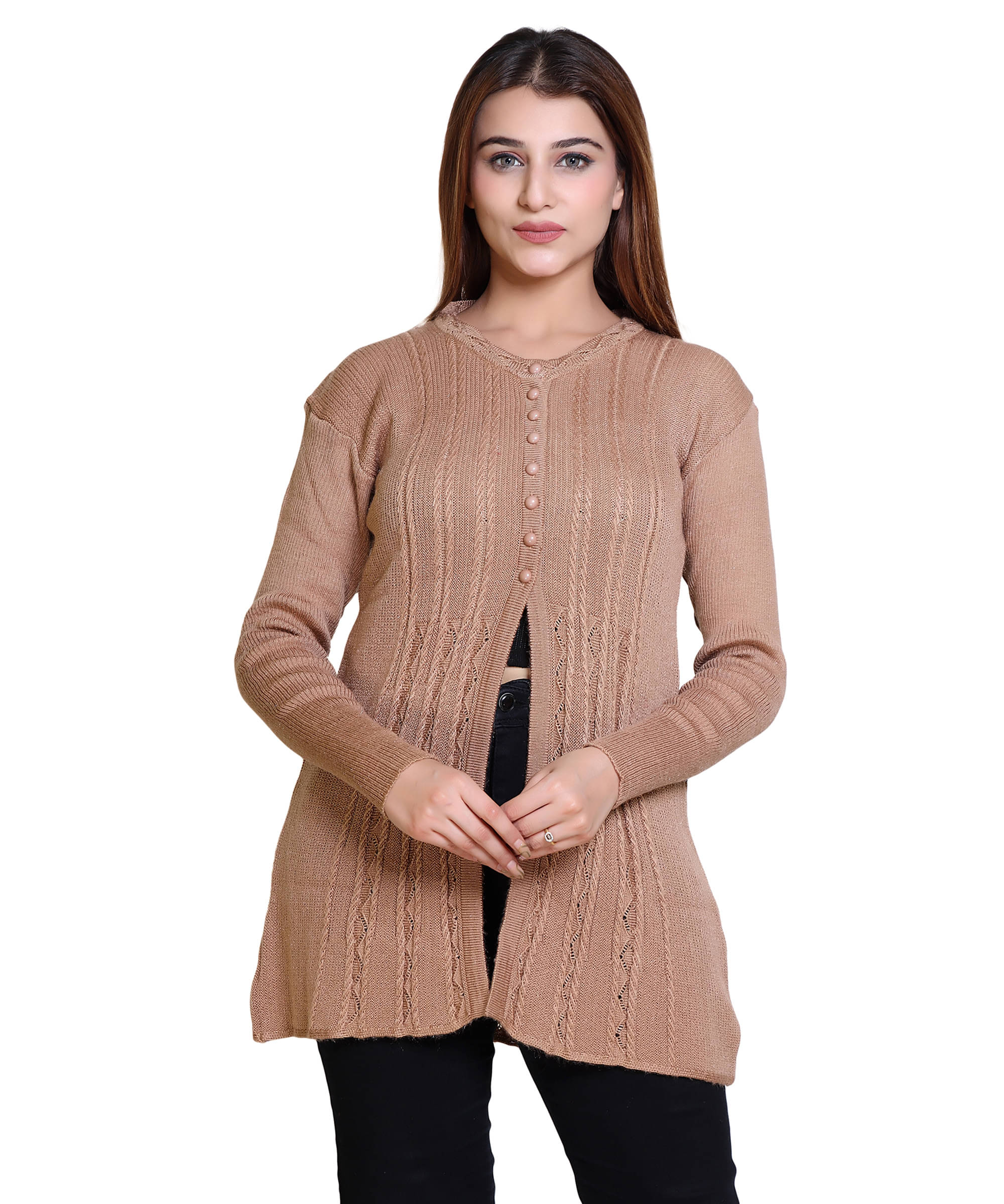 Varenyam Woollen Round Neck Women's Buttoned Cardigans - Khaki ( Single ) Varenyam Woollen Round Neck Women's Buttoned Cardigans - Khaki ( Single )