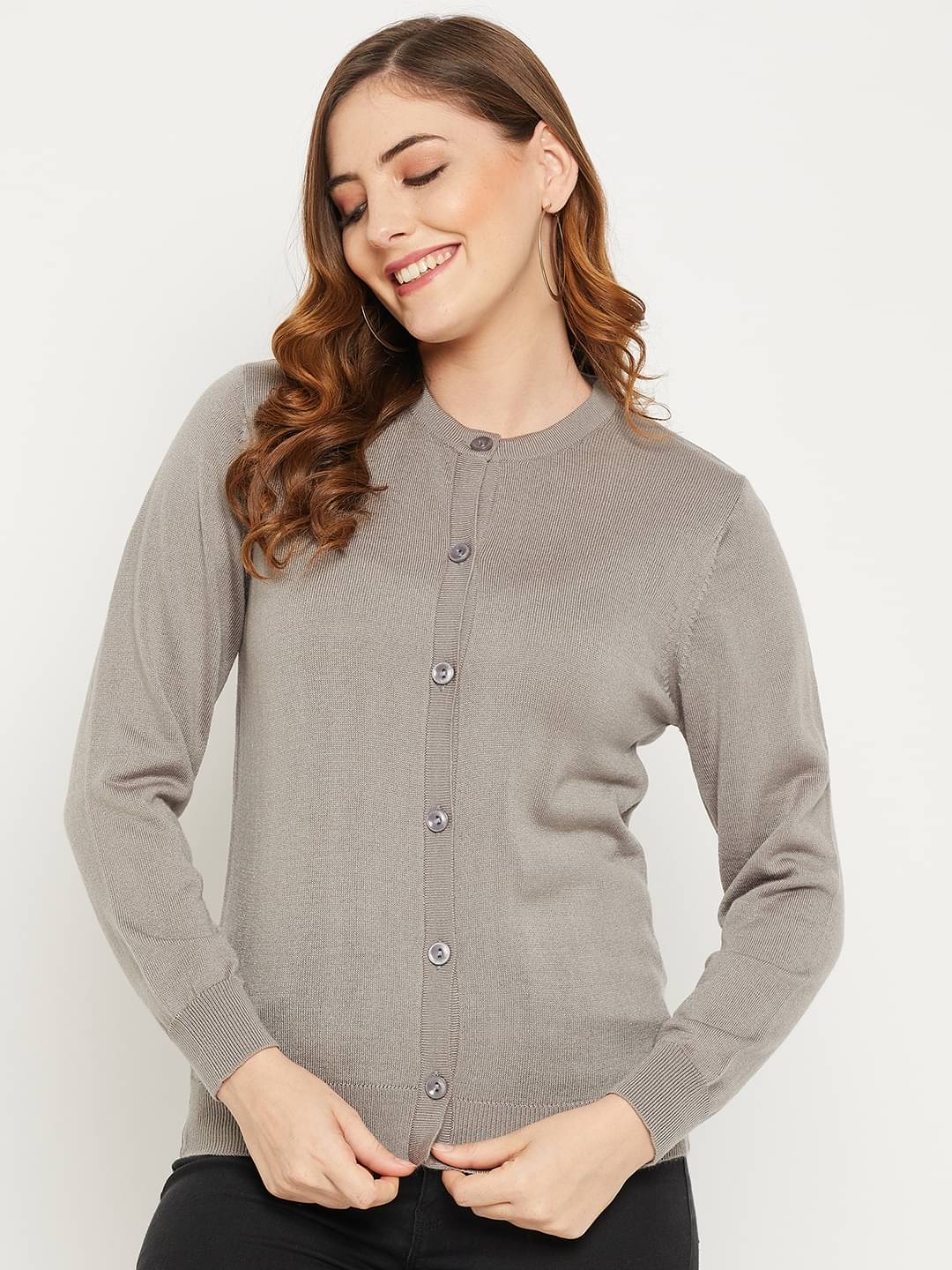     			zigo Woollen Round Neck Women's Buttoned Cardigans - Grey (Pack of 1)