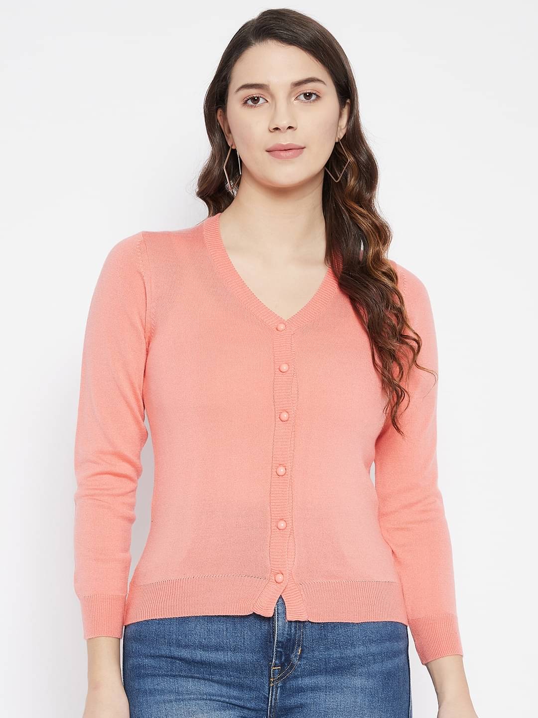     			zigo Women Woollen V-Neck Cardigan ( Peach )