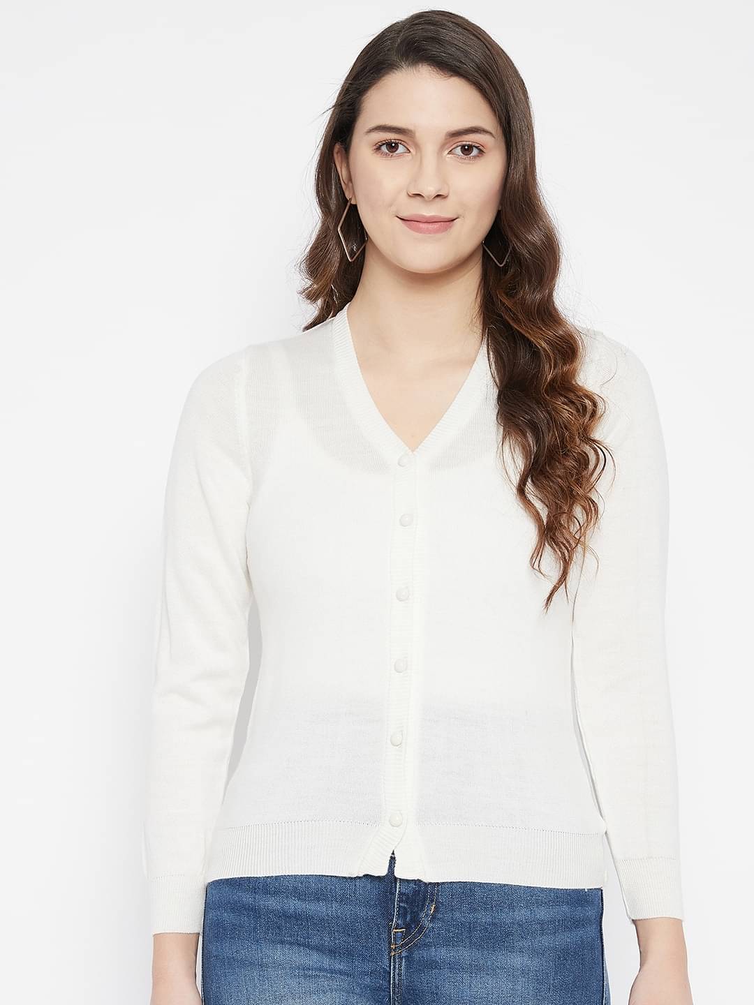 zigo Woollen V Neck Women's Buttoned Cardigans - White ( Single ) zigo Woollen V Neck Women's Buttoned Cardigans - White ( Single )
