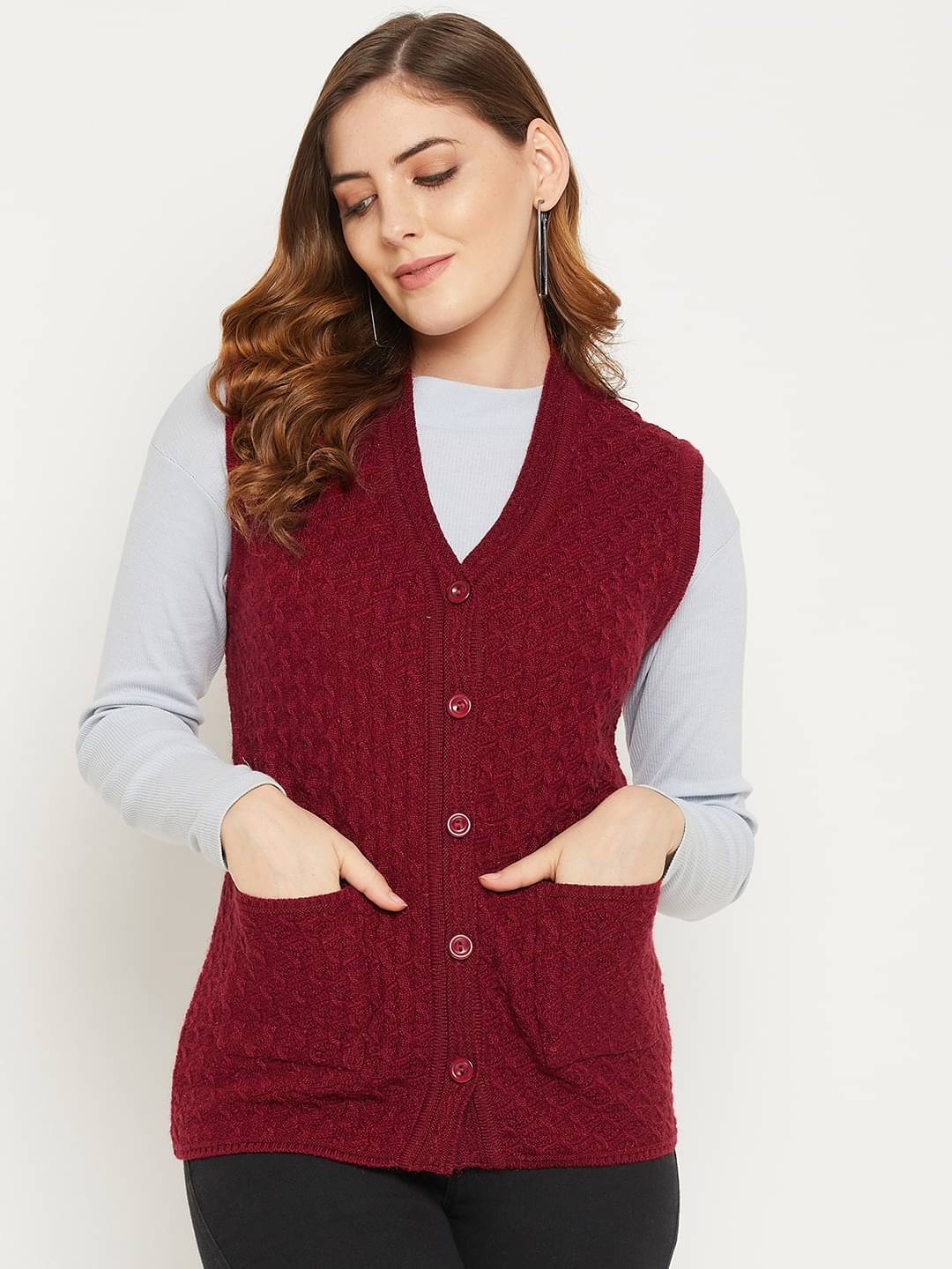 zigo Women Woollen V-Neck Cardigan ( Maroon )     			zigo Women Woollen V-Neck Cardigan ( Maroon )